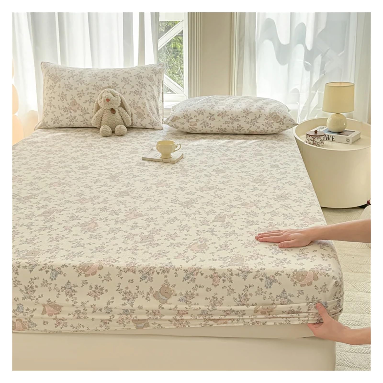 Drap en Lin Drap-Housse élastique imprimé for lit Simple, Queen Size ou King(Color-10,180x200cm 3pcs Set)