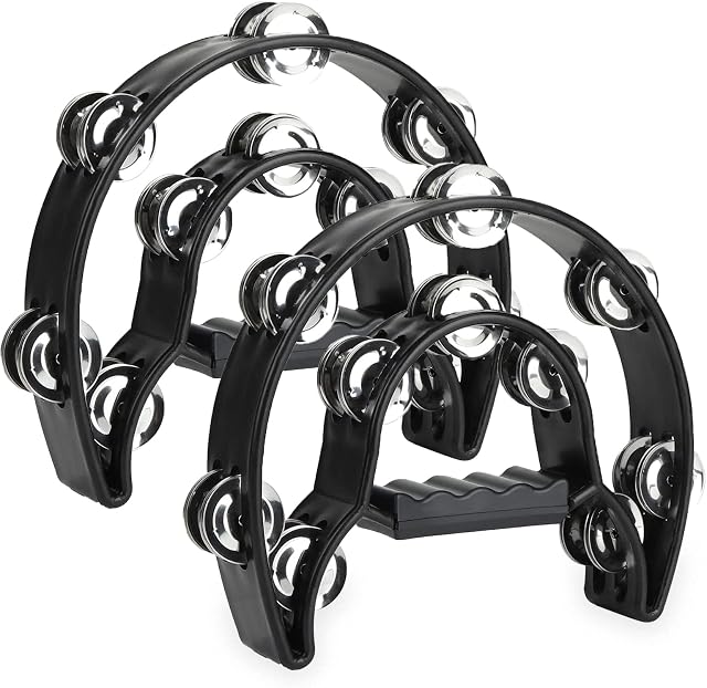 AHUNTTER 2 Pack Half Moon Cutaway Plastic Tambourine with 40 Metal Jingles - Black Double Row Hand Held Tambourine for Musicians, Singers, Music Classes, Bands