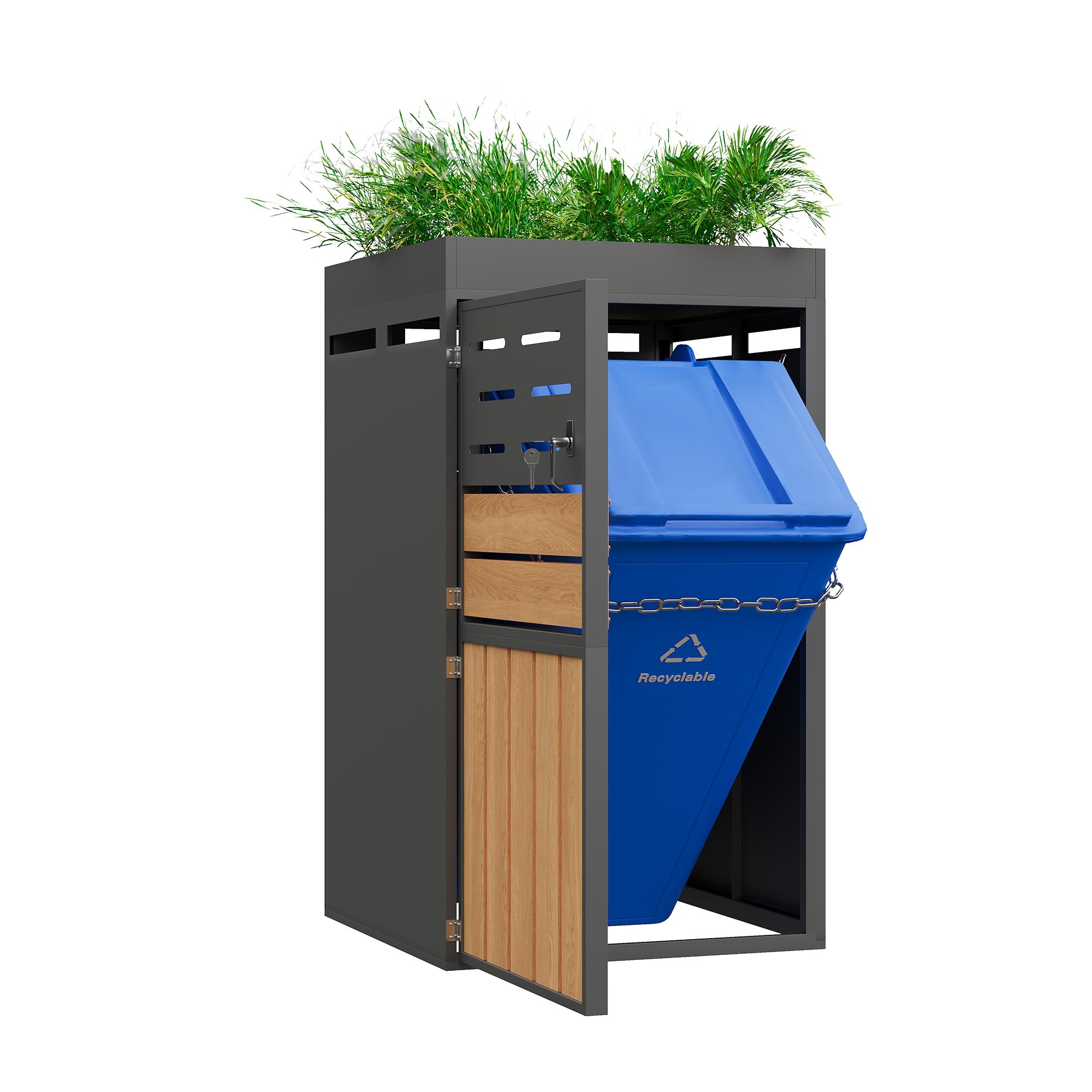 REXO Armario exterior multifuncional, jardinera integrada, rejilla de ventilación, marco de acero galvanizado, puertas con cerradura, cadena de seguridad, para almacenamiento y decoración de jardín