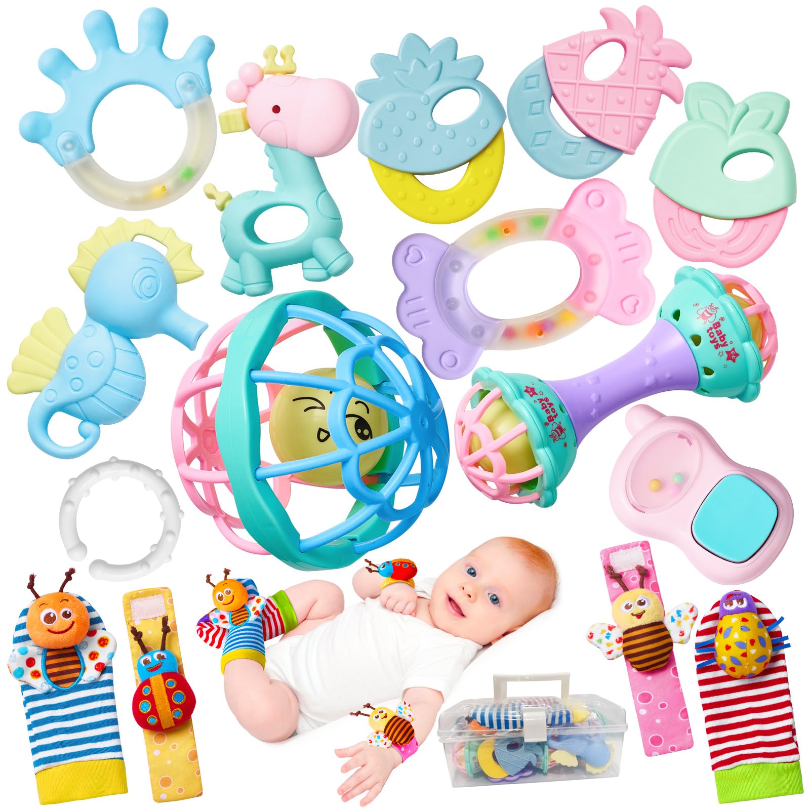 15PCS Rattles for Babies 0-6 Months - BPA-Free Baby Rattles 0-3, 6-12 Months for Newborn Soft Teething Toys Infant Toys with Wrist & Ankle Rattles, Baby Gift Set for Hand-Eye Coordination with Box