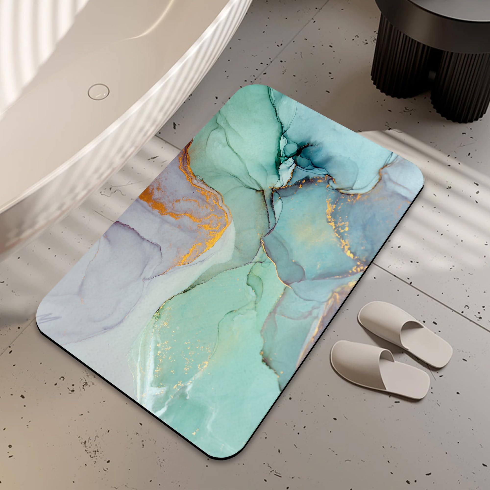 LUOENY Bath Mat Non Slip Backing Thin Green Marble Bathroom Rug Fit Under Door Quick Dry Absorbent Bathroom Floor Mat Shower Rug for in Front of Bathtub Shower 75x43 cm
