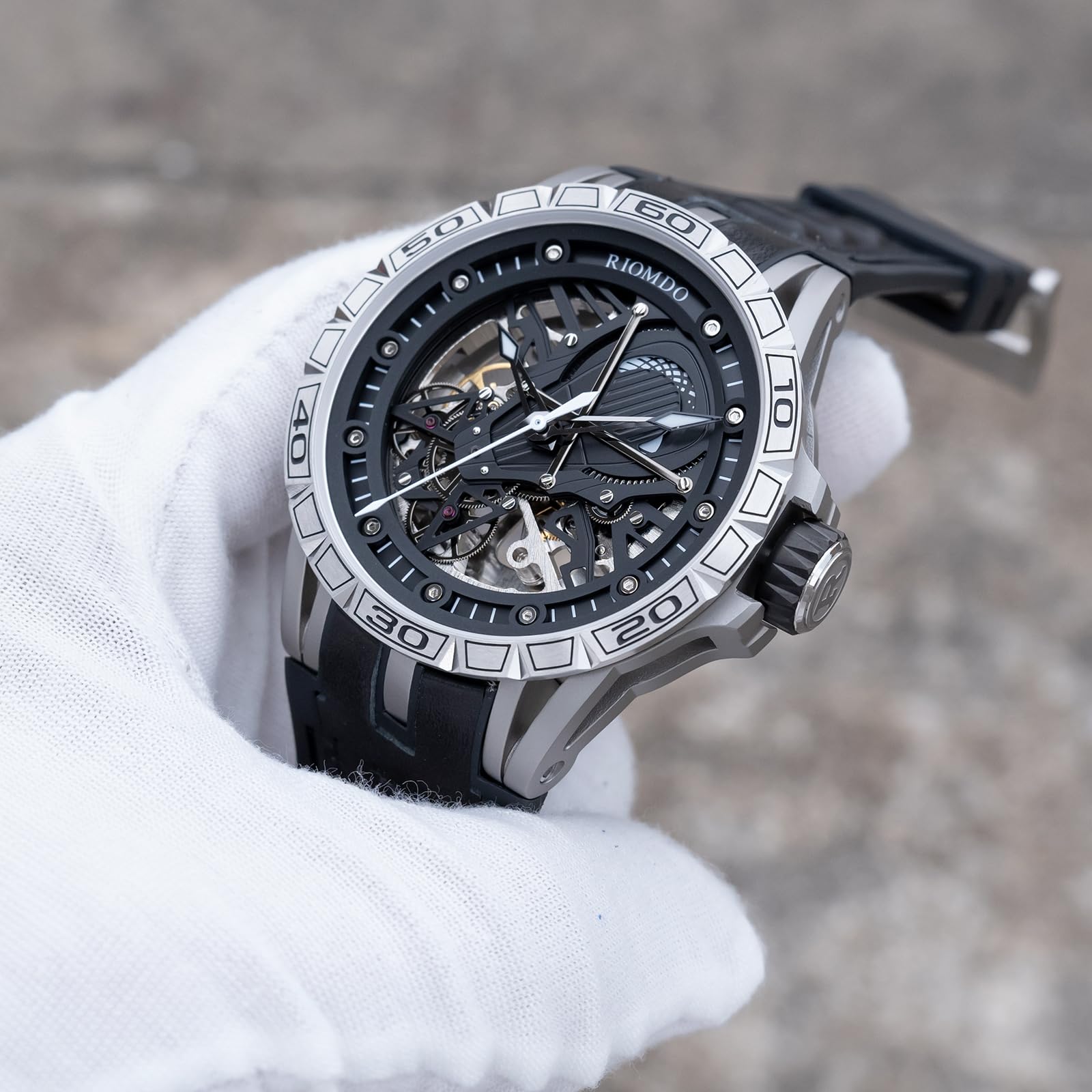 OBLVLO Orologio meccanico da uomo, con quadrante grande, analogico, impermeabile, cinturino in gomma, stile militare, RD-903