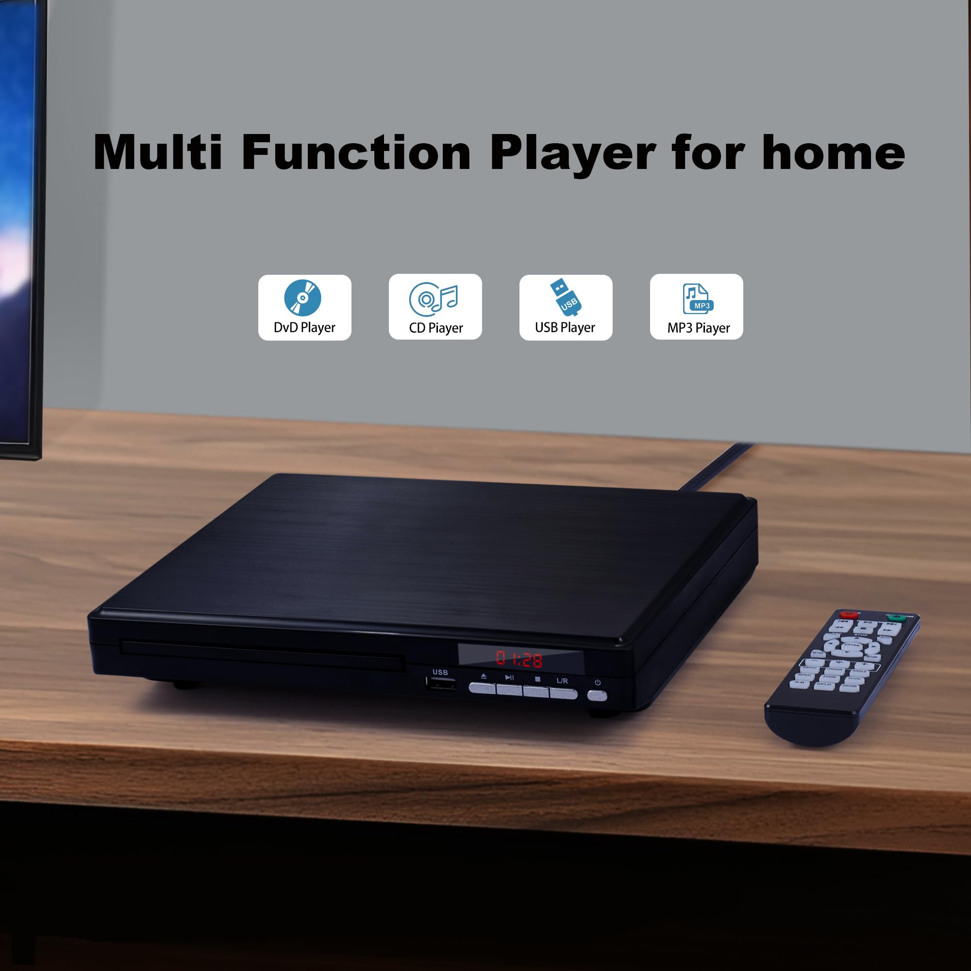Reproductor de DVD para TV, reproductor de DVD HD 1080P para el hogar, reproductor de CD compacto sin regiones, con puerto USB 2.0, control remoto HDMI y cable AVI, sistema PAL/NTSC integrado (no para