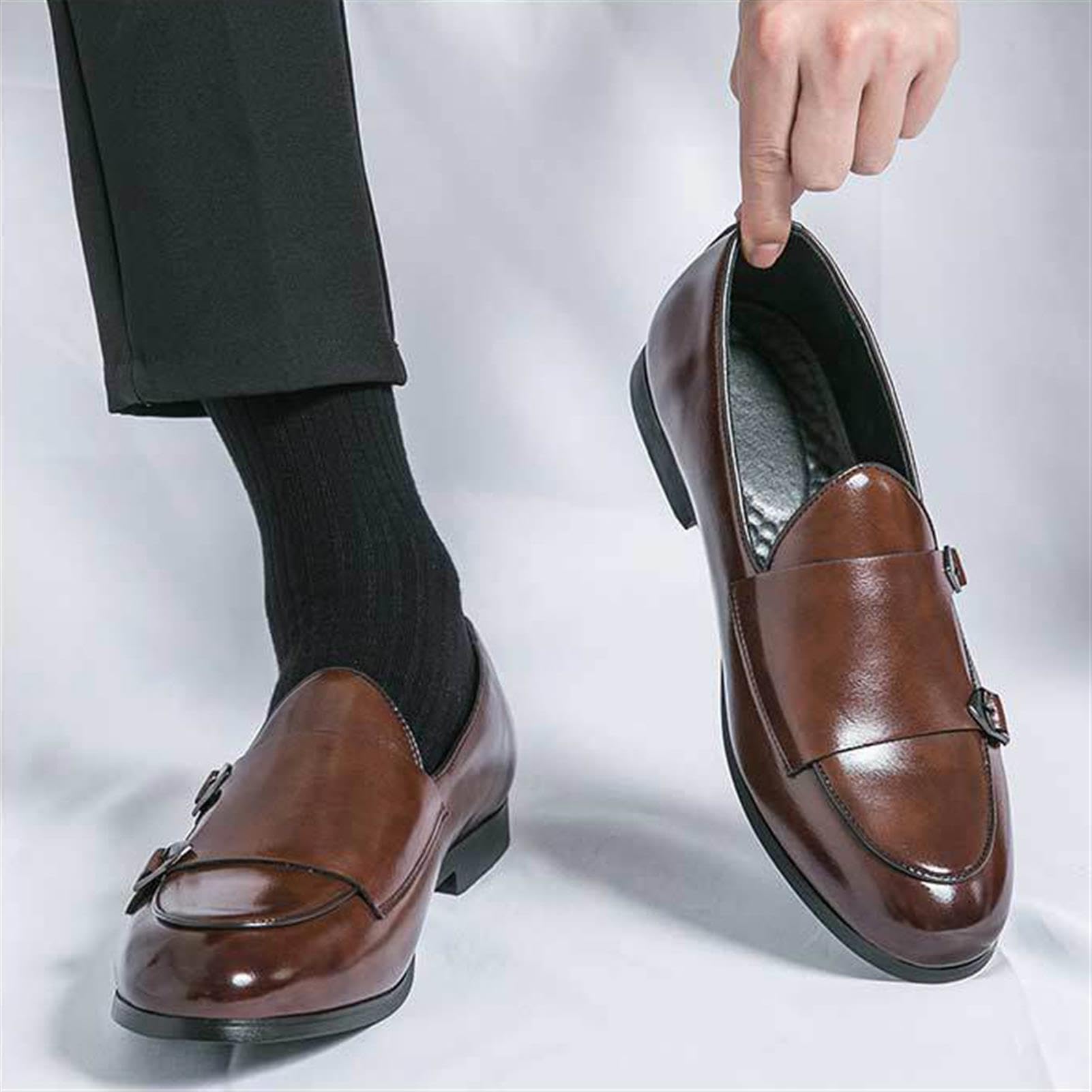 Brogue Scarpe da Uomo in Pelle Elegante Slip-On Double Monk Strap con Fibbia Casuale Scarpe da Sera Mocassini