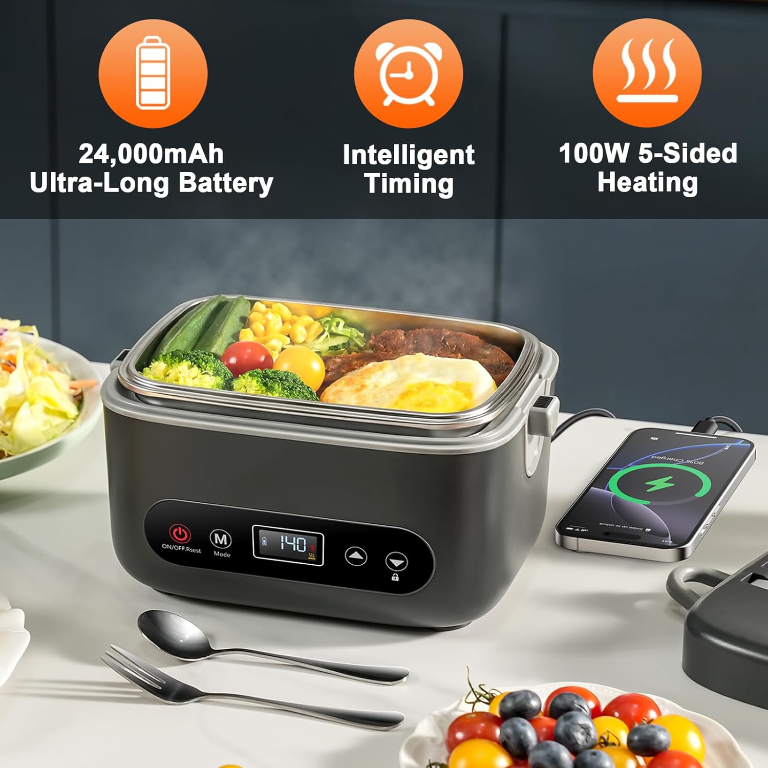 Electric Lunch Box for Men, 1.2L Cordless Heated Lunch Box, 24000mAh Rechargeable Portable Food Warmer with Auto Temperature Control, 5-Sided Heating, Leakproof, for Office, Outdoors & Truck, Black
