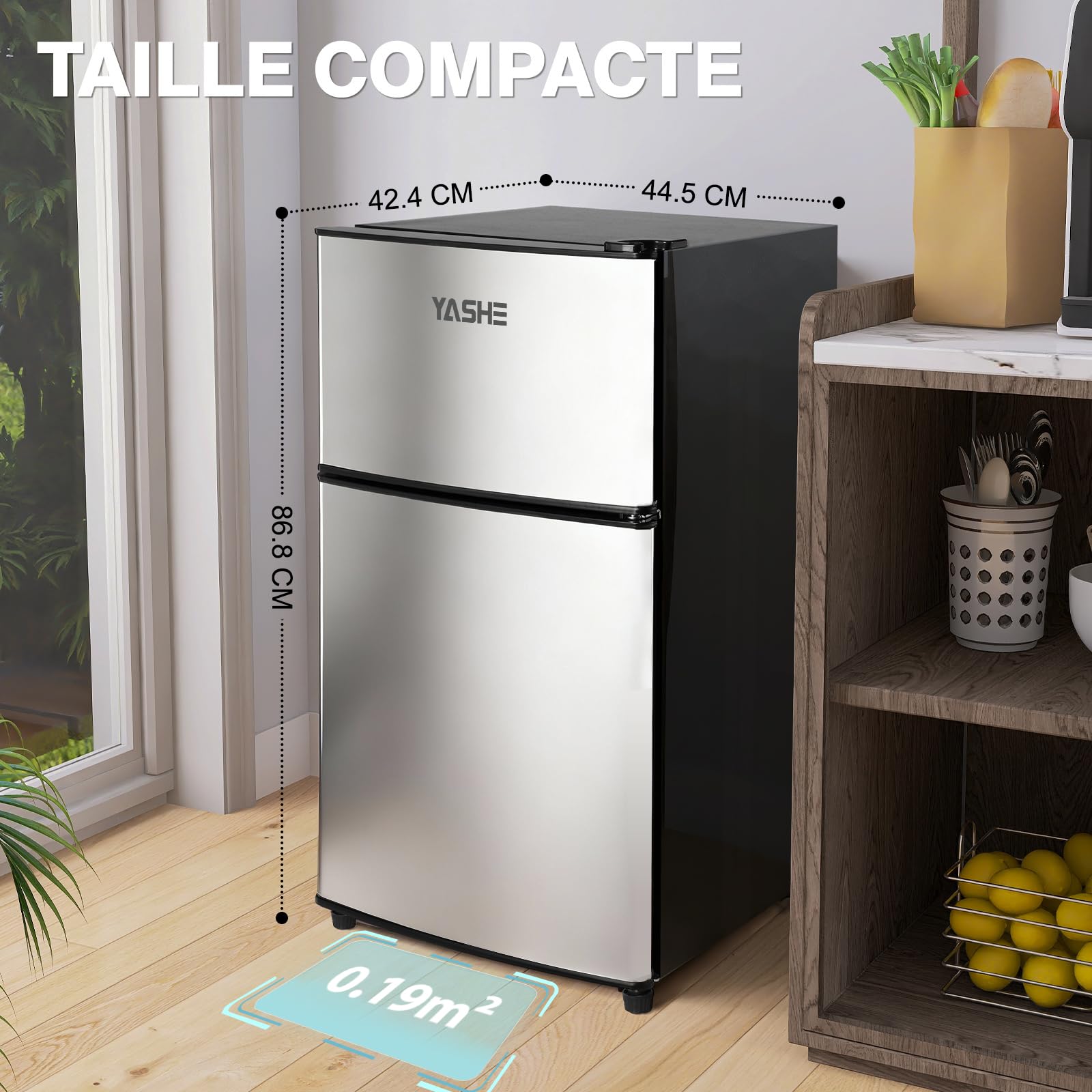 YASHE Mini réfrigérateur 86 L avec congélateur, double porte, thermostat réglable 7 niveaux