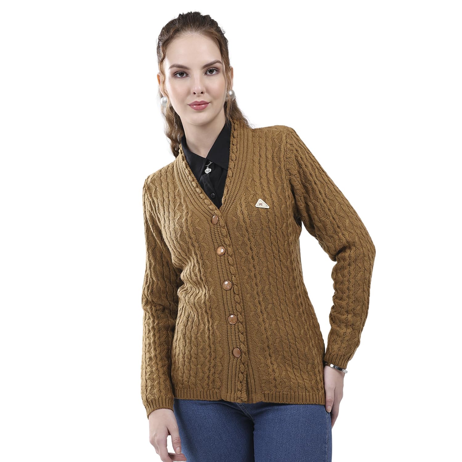 monte carlo Women's Regular Fit Cardigan | Self Design Pattern | Button Closure with Full Sleeves V Neck Winter Cardigan for Womens-picture-27