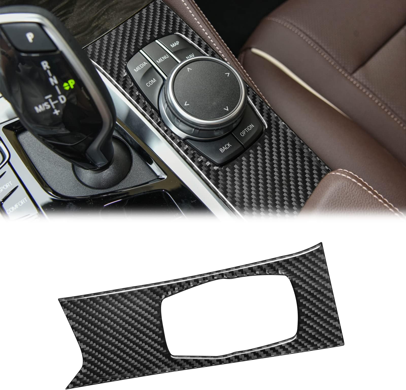 SUNJIKA Compatible with Carbon Fiber Multimedia Knob Button Panel Cover Trim Sticker Interior Accessories for BMW 5 Series G30 G38 525i 530i 540i 2018 2019 2020 2021 2022 2023 Black 1PCS