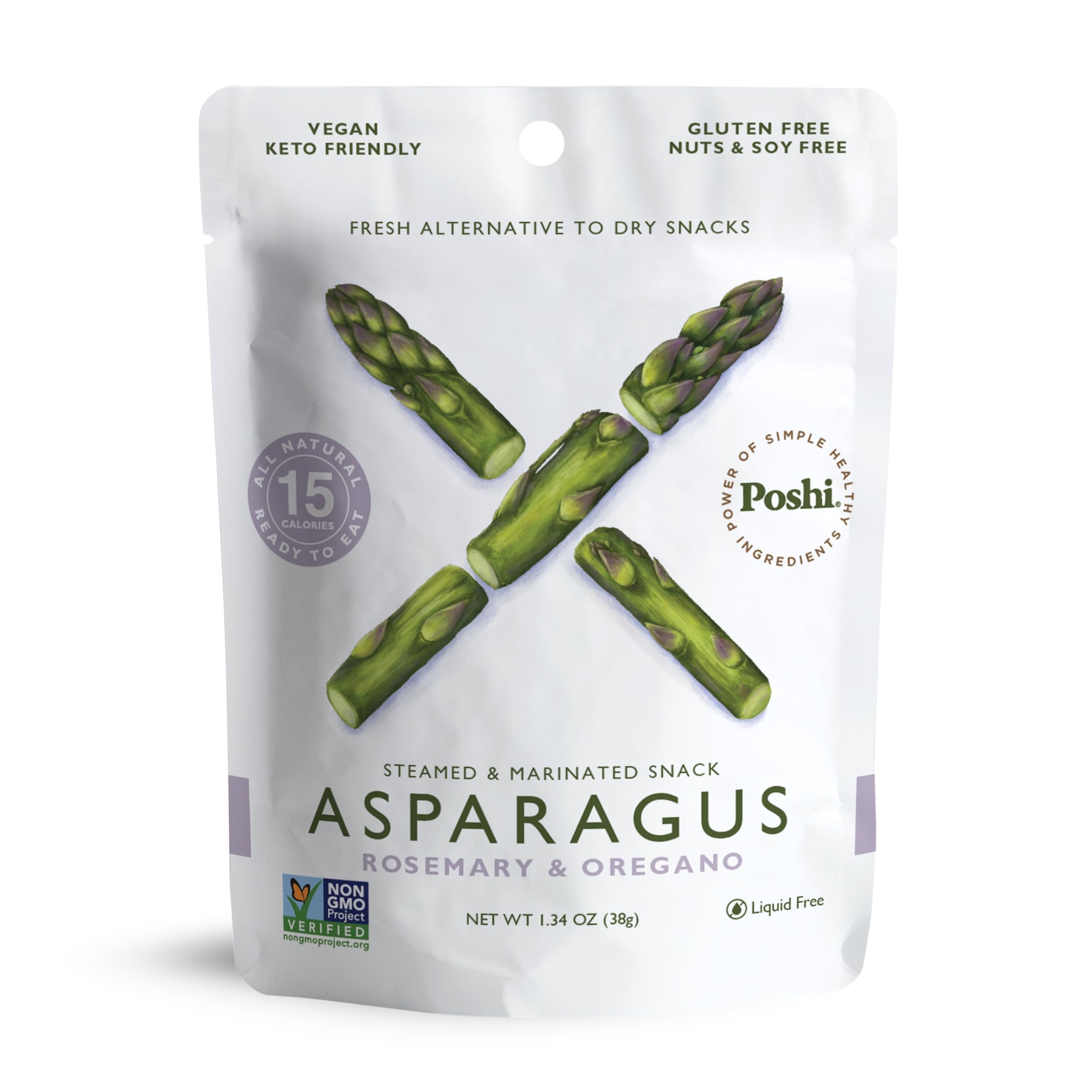 POSHI Marinated Asparagus Cuts Snack Pack | Rosemary + Oregano | Keto, Vegan, Paleo, Non GMO, Low Carb + Calorie, Gluten Free, Fully Cooked Vegetables, Gourmet, Healthy, All Natural (10 Pack, 1.34 oz)