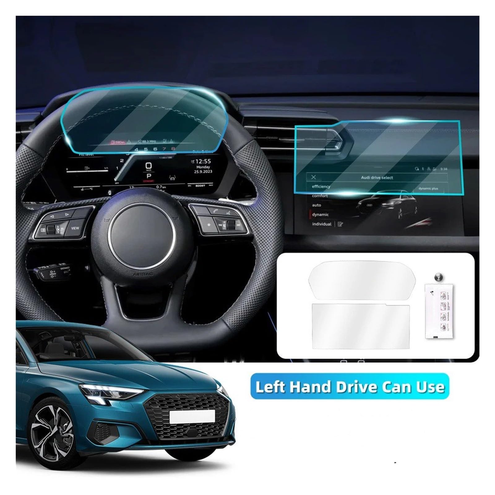Displayschutzfolie für Autonavigationssystem Audi A3 2023-2024, gehärtetes Glas, Schutzfolie Mittelkonsole, GPS-Navigationsbildschirm, Armaturenbrett, Schutzdisplay (12,3 Zoll)