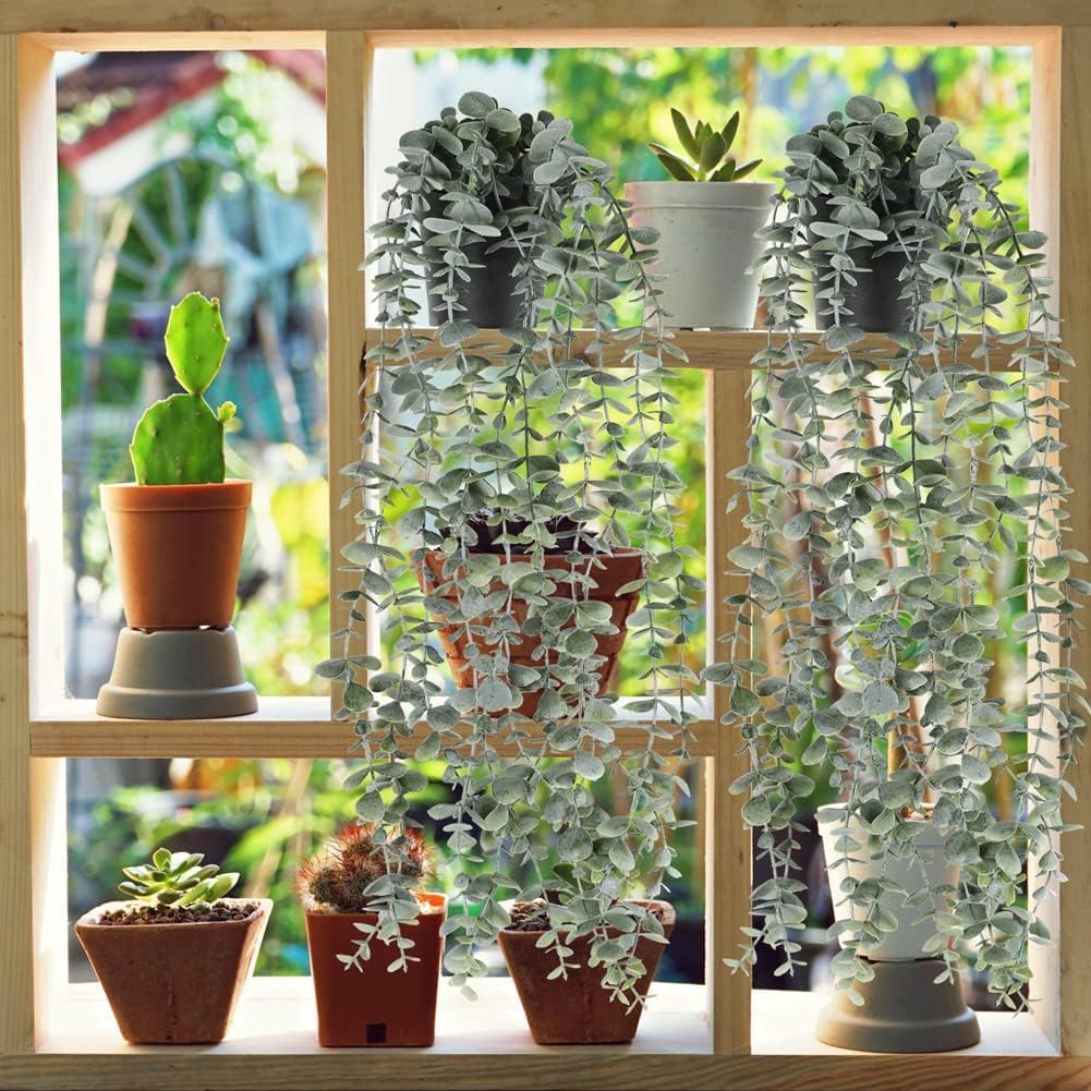VECELO Artificial Hanging Plants with Pot, 3 Pack Fake Hanging Plant Small Eucalyptus Faux Greener, Vine Plant in Pot for Home Indoor Room Outdoor Decor