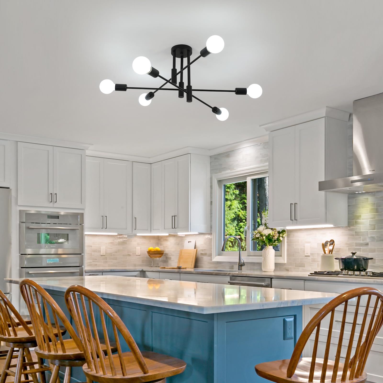 Comely Lampadario Sputnik Nero, 6 Luci Plafoniera Soffitto E27, Lampada da Soffitto in Ferro Vintage per Camera da Letto Sala da Pranzo Cucina, Angolo Regolabile