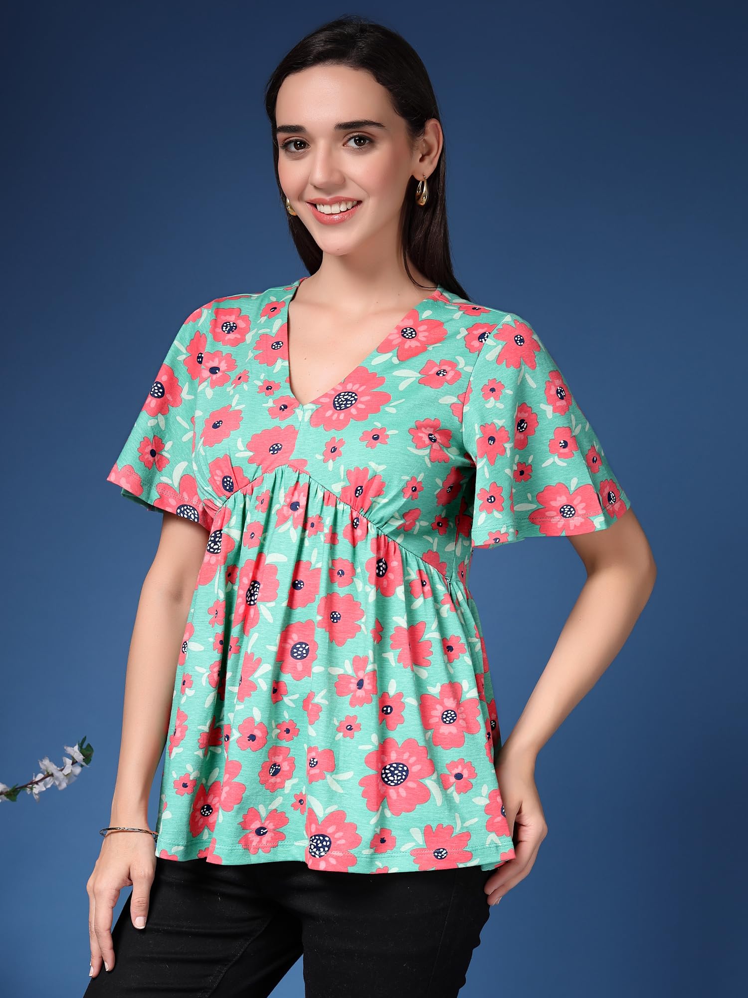 ZELENA Rhea Floral Maternity & Nursing Top | Cotton Stretch Flutter Sleeve Feeding Wear with Hidden Zips | Pregnancy & Postpartum Friendly Green - Image 4 thumbnail