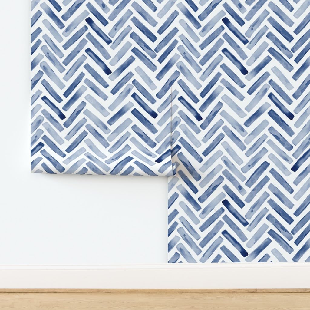 Peel & Stick Wallpaper 3ft x 2ft - Indigo Blue Painted Chevron Boys Winter Ocean Custom Removable Wallpaper by Spoonflower