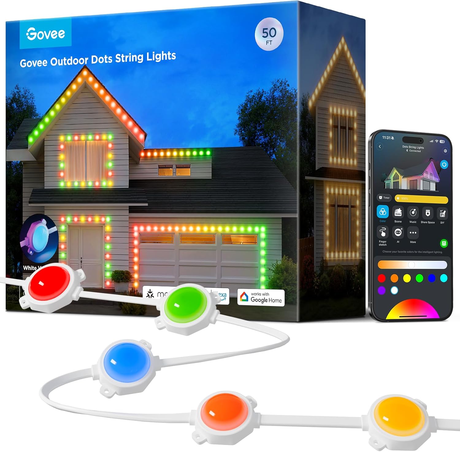 Govee Outdoor LED Strip Lights, 45 RGBIC LED Lights 50FT String Lights with 65 Scene Modes, Halloween Decoration Work with Alexa, Google, APP Control, IP65 Waterproof