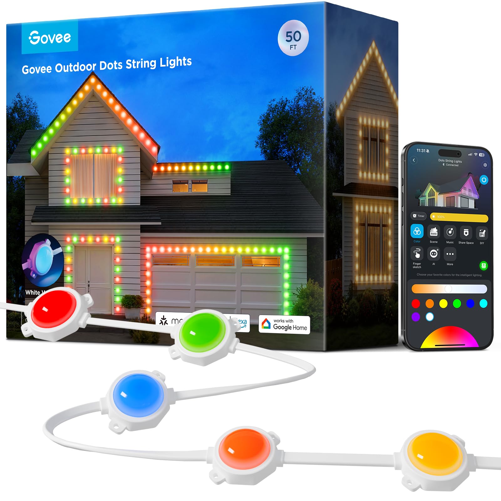 Govee Outdoor Dots String Lights, 50ft with 45 Smart RGBIC LED