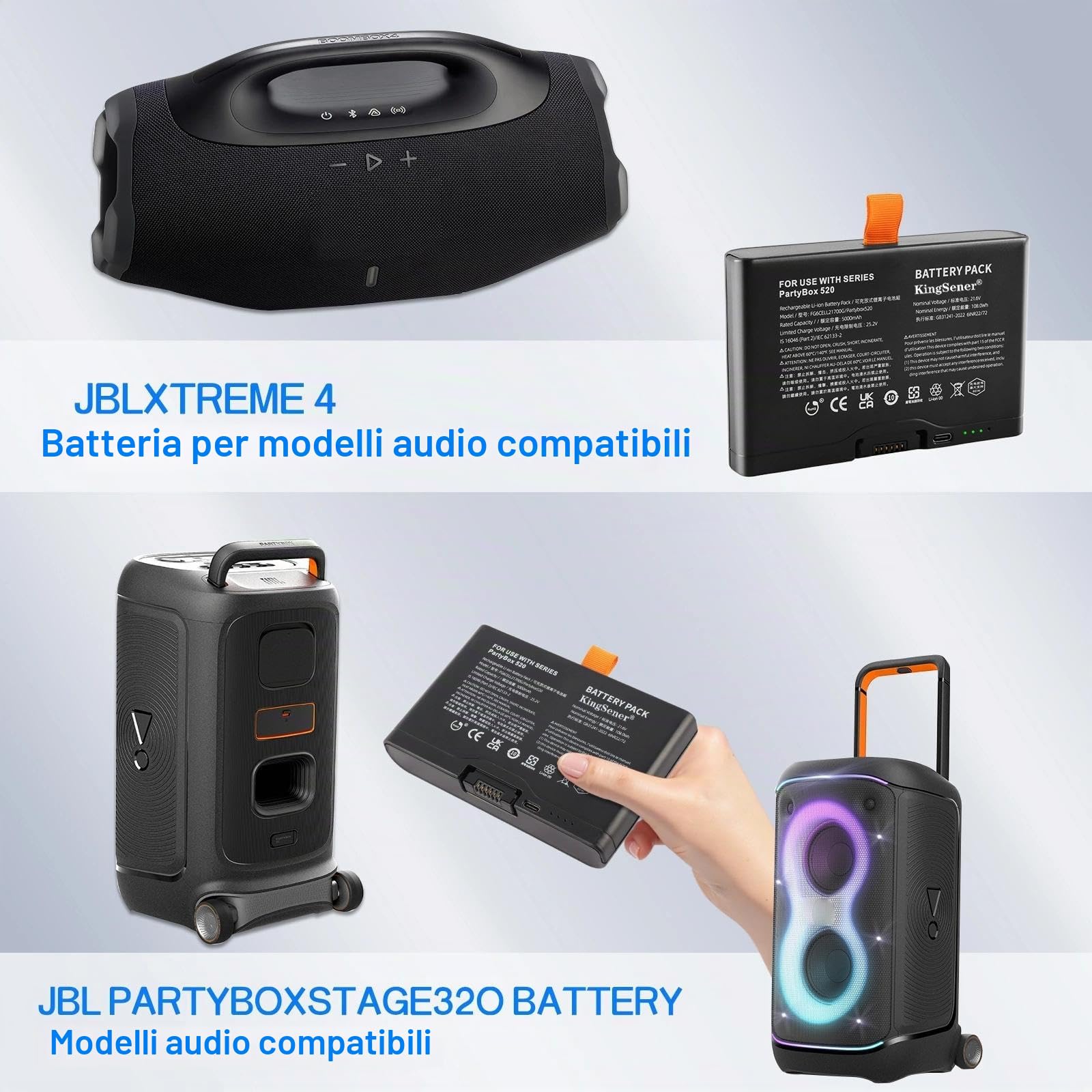 2 batterie di ricambio per JBL Boombox 4, PartyBox 520, PartyBox 720, per batteria: FG6CELL21700G; supporta un'alimentazione bidirezionale (contiene 2 batterie e 2 cavi dati)