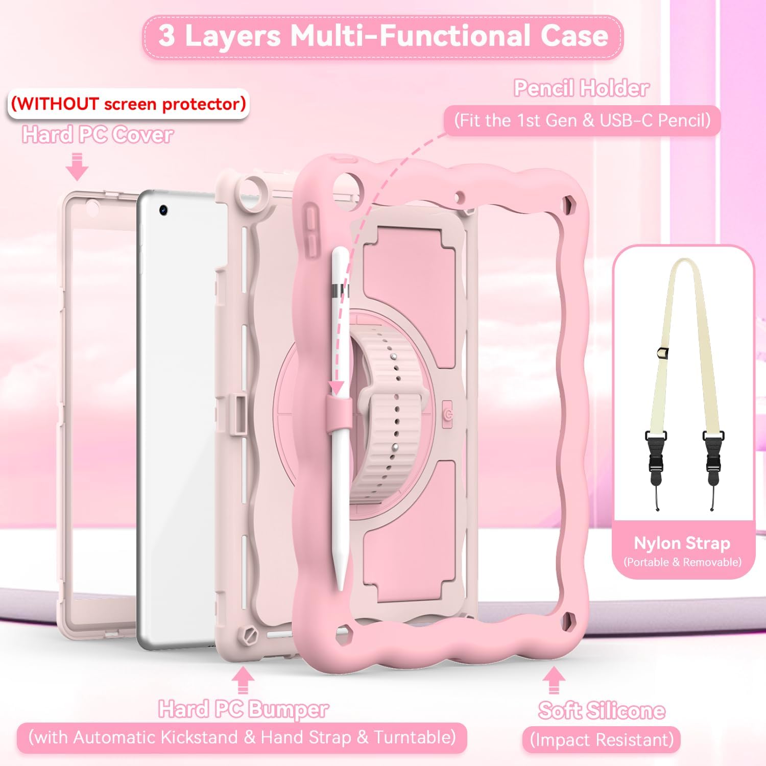 ZoneFoker Case for iPad 9th Generation Case / 8th Gen / 7th Gen 10.2 Inch 2021 2020 2019, Heavy Duty Shockproof Protective Cover with Pencil Holder [360° Rotate Strap] & Stand, Pink