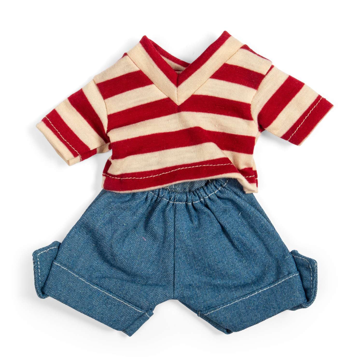 Bigjigs Toys Denim Shorts And Red Striped Top - Small | Little Doll Clothes | Stripey T-Shirt & Trousers for Kids Rag Dolls | Dolly Dress Up Set | Ragdoll Clothing | Toddler Soft Toy Gifts for Age 2+
