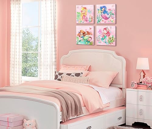 Miniatura 6 de BLINFEIRU Juego de 4 lienzos de sirena para pared, bonitas imágenes de sirena de acuarela rosa para habitación de niñas, baño, decoración de pared