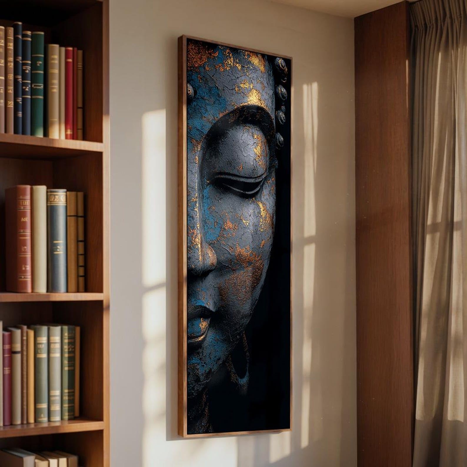 YUSUZHU Stampa verticale di Buddha per ufficio, quadro su tela alto, stretto e scuro con tema buddista per stanza, ufficio, opera d'arte di Buddha allungato (35x105 cm/senza cornice)