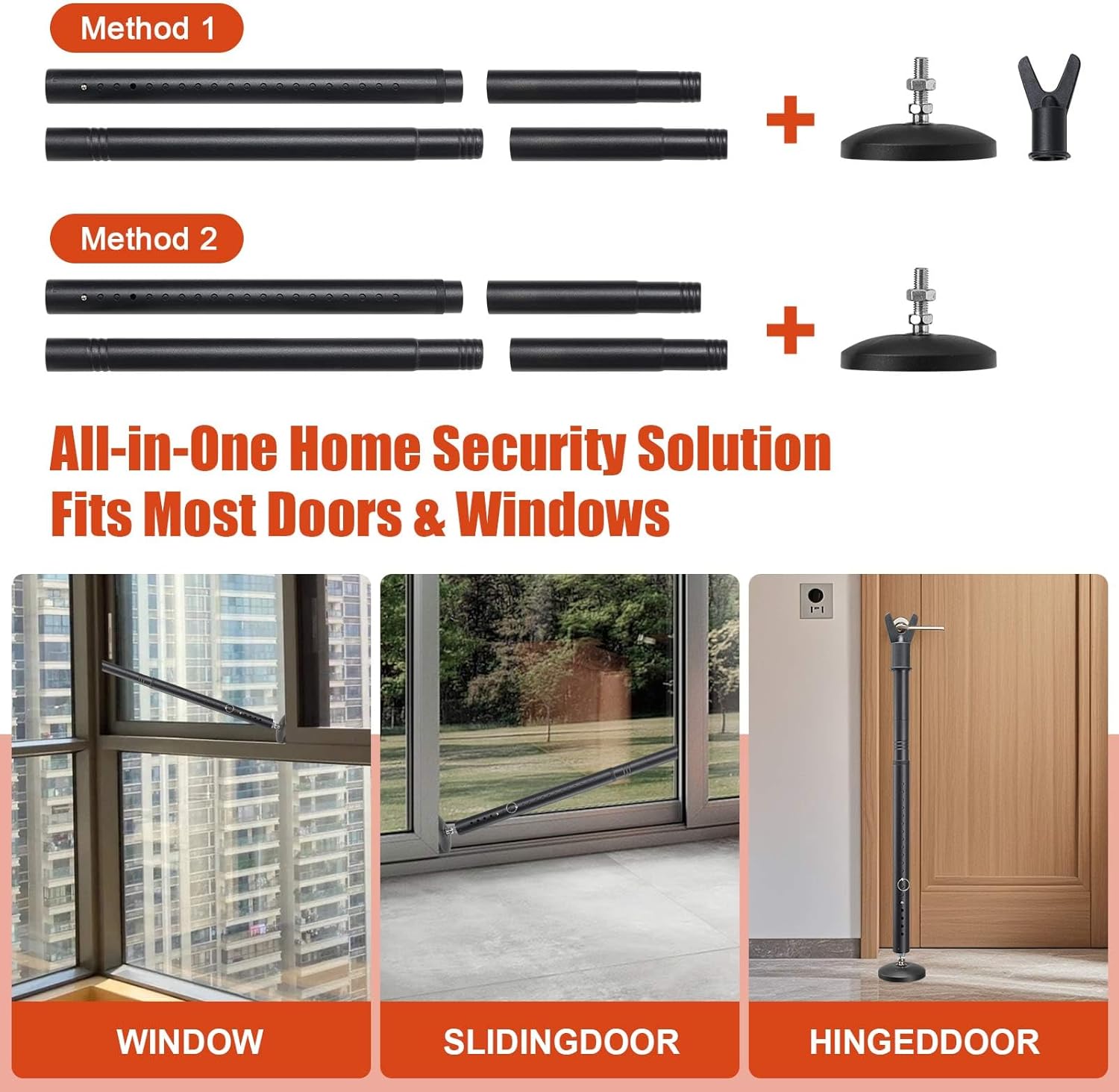 2 Pack Door Security Bar - Upgraded 360° Pivoting Anti-Slip Base,Heavy Duty Burglar Door Stopper Stick,28-52" Adjustable Barricade Safety Jammer Stoper for Front Door Patio Sliding Glass Window
