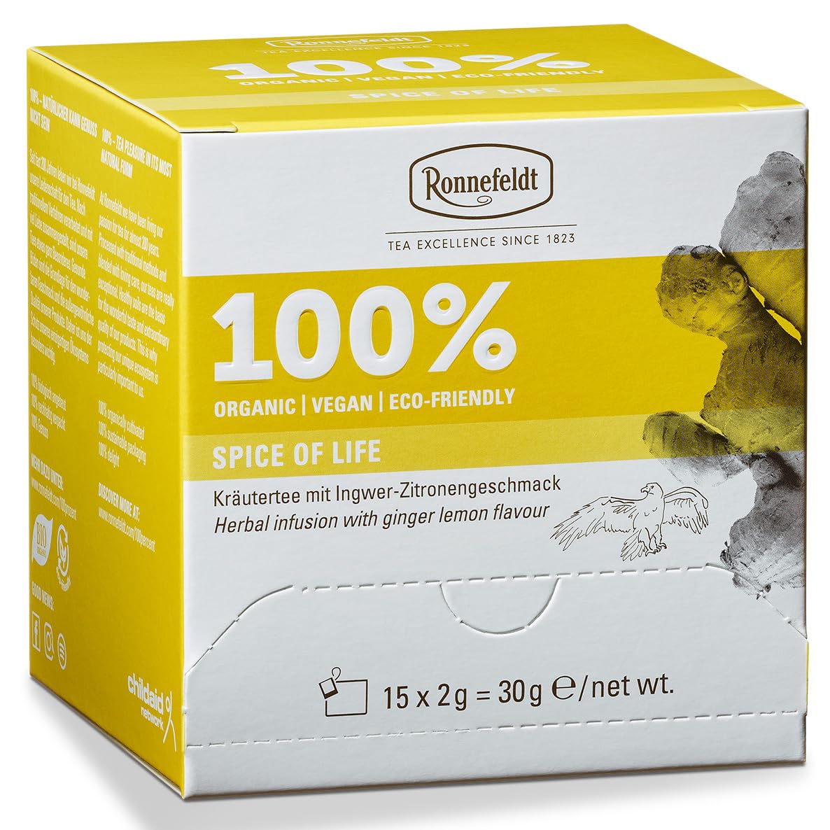Ronnefeldt100% Spice of Life - Organic Herbal Tea with Ginger Lemon Flavour, 15 Tea Bags of 2 g, 30 g | Organic | Vegan | Eco-friendly