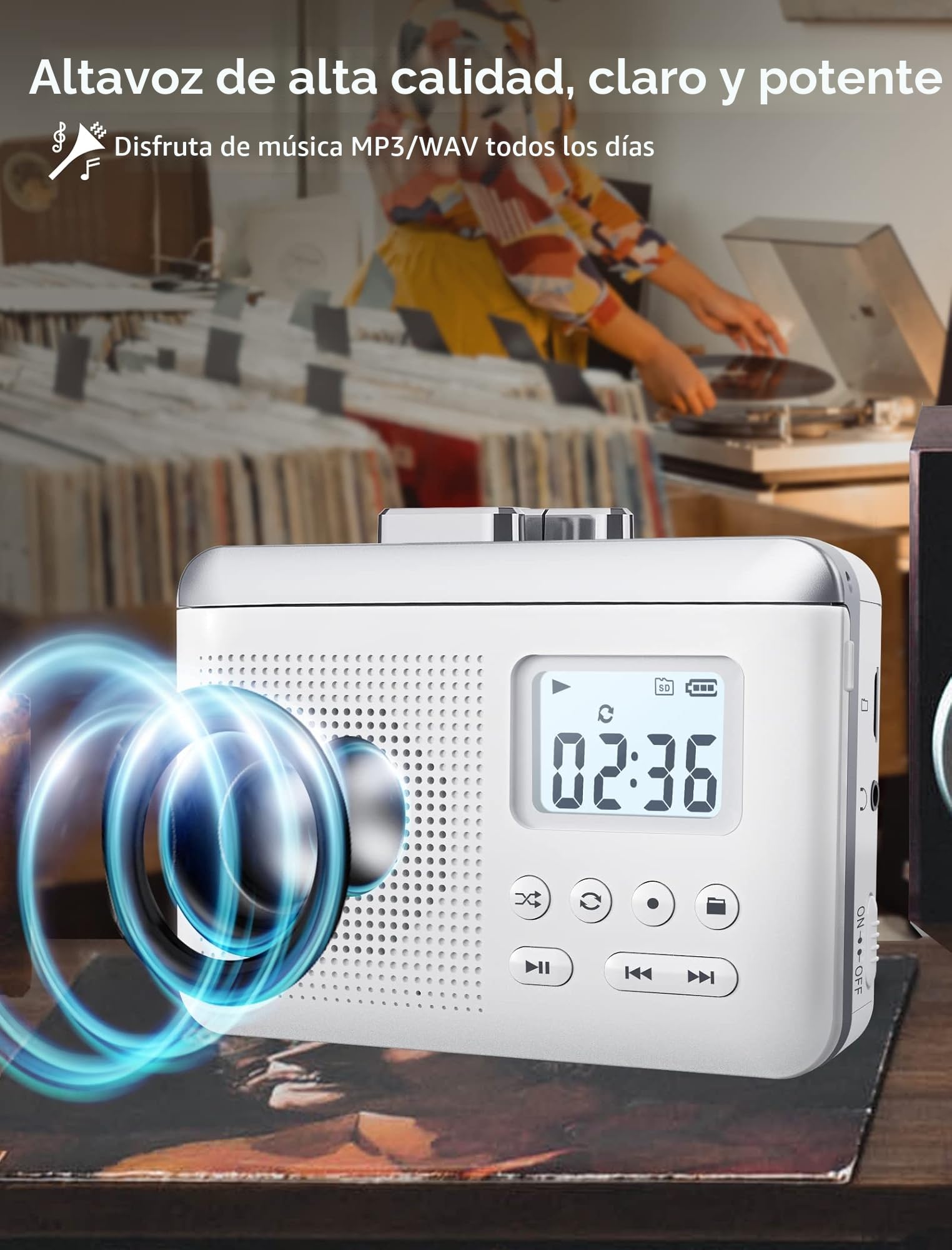 Gracioso Reproductor de casete portátil, convertidor de casete a MP3 a través de tarjeta SD, reproductor de cinta con batería recargable de 1000 mAh, micrófono y altavoz integrados, conector para
