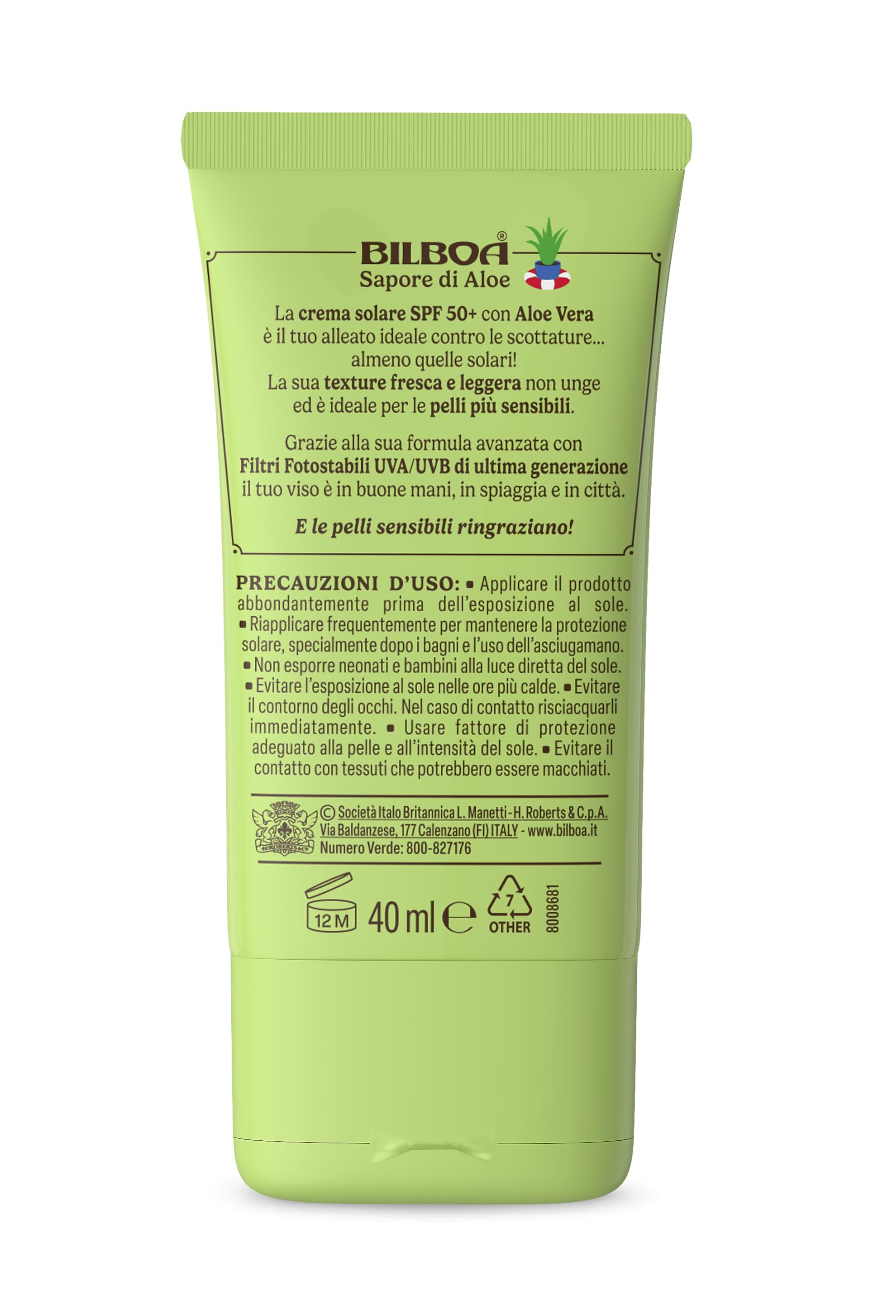 Bilboa, Sapore di Aloe, Crema Solare Viso SPF 50+, Formato Viaggio, con Profumo di Aloe Vera, Ideale per Pelli Sensibili, Texture Fresca e Leggera, Resistente all’Acqua, 40 ml