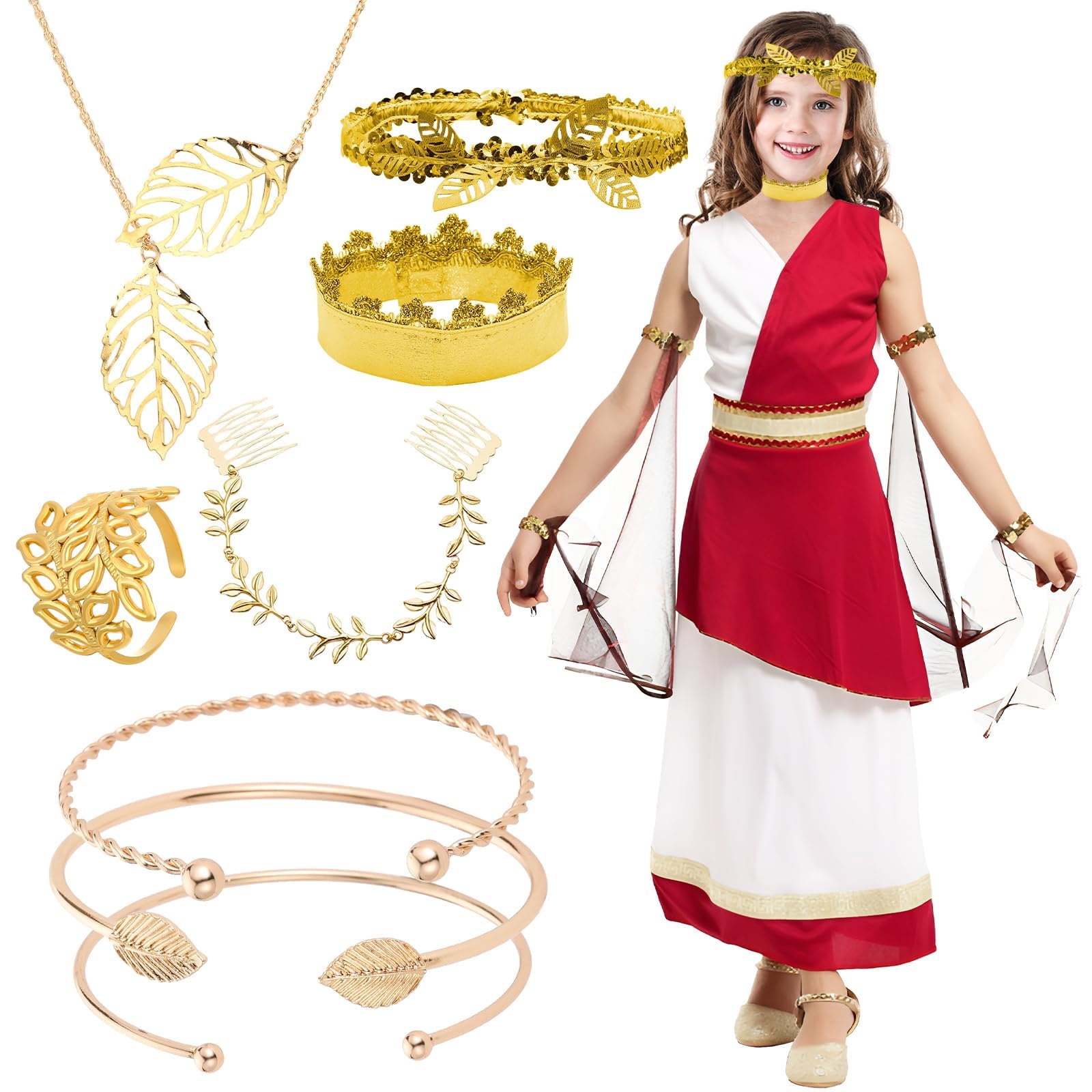 Wynlora 10Pcs Ancient Roman Costume, Grecian Goddess Dress Up with White Red Toga Gold Laurel Headband Neck Choker Sequin Wristband Armband for World Book Day Halloween (L)