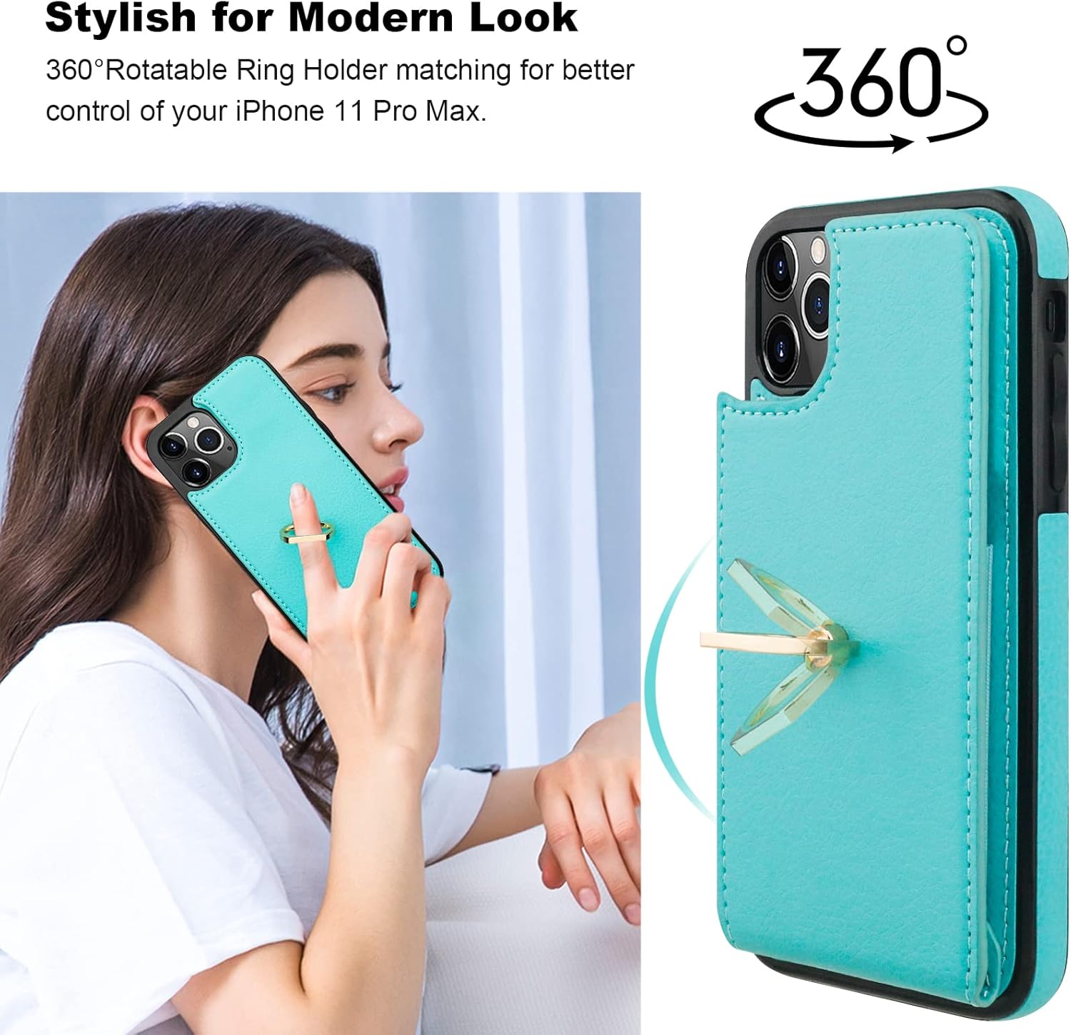 Folosu Compatible with iPhone 11 Pro Max Case Wallet with Card Holder, 360°Rotation Finger Ring Holder Kickstand Protective RFID Blocking PU Leather Double Buttons Flip Shockproof 6.5 Inch Mint Green