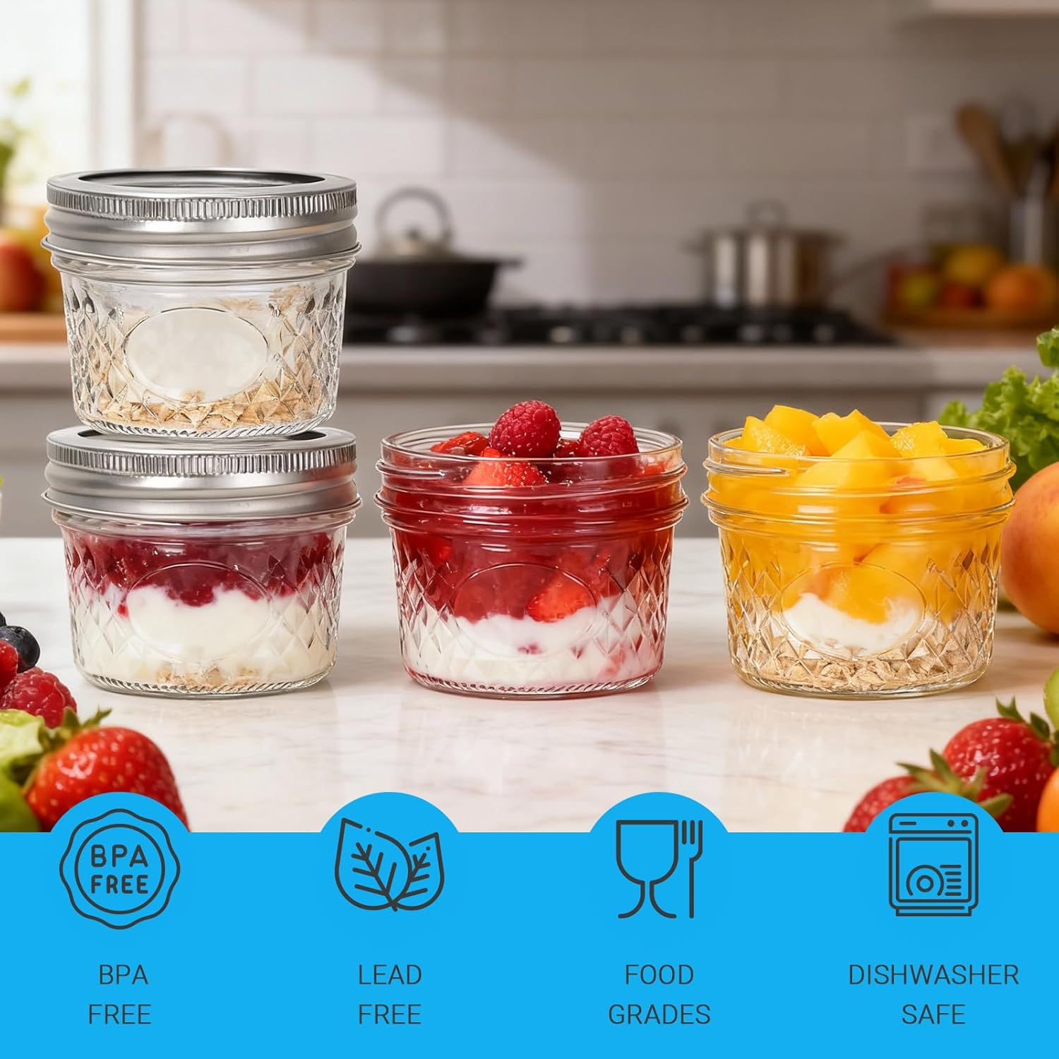 Cehomi 4 oz Mason Jars with Airtight Lids,Diamond appearance,Ideal for Honey,Jam,Fruits,Salad,Jelly,Wedding Favors and Kitchen Food Storage(40 PACK)