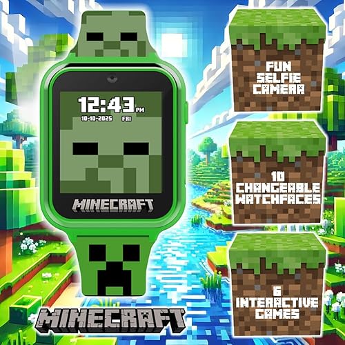 Miniatura 5 de Minecraft - Reloj inteligente para niños, reloj interactivo con pantalla LED con 10 caras de reloj personalizadas, juegos, cámara, alarma