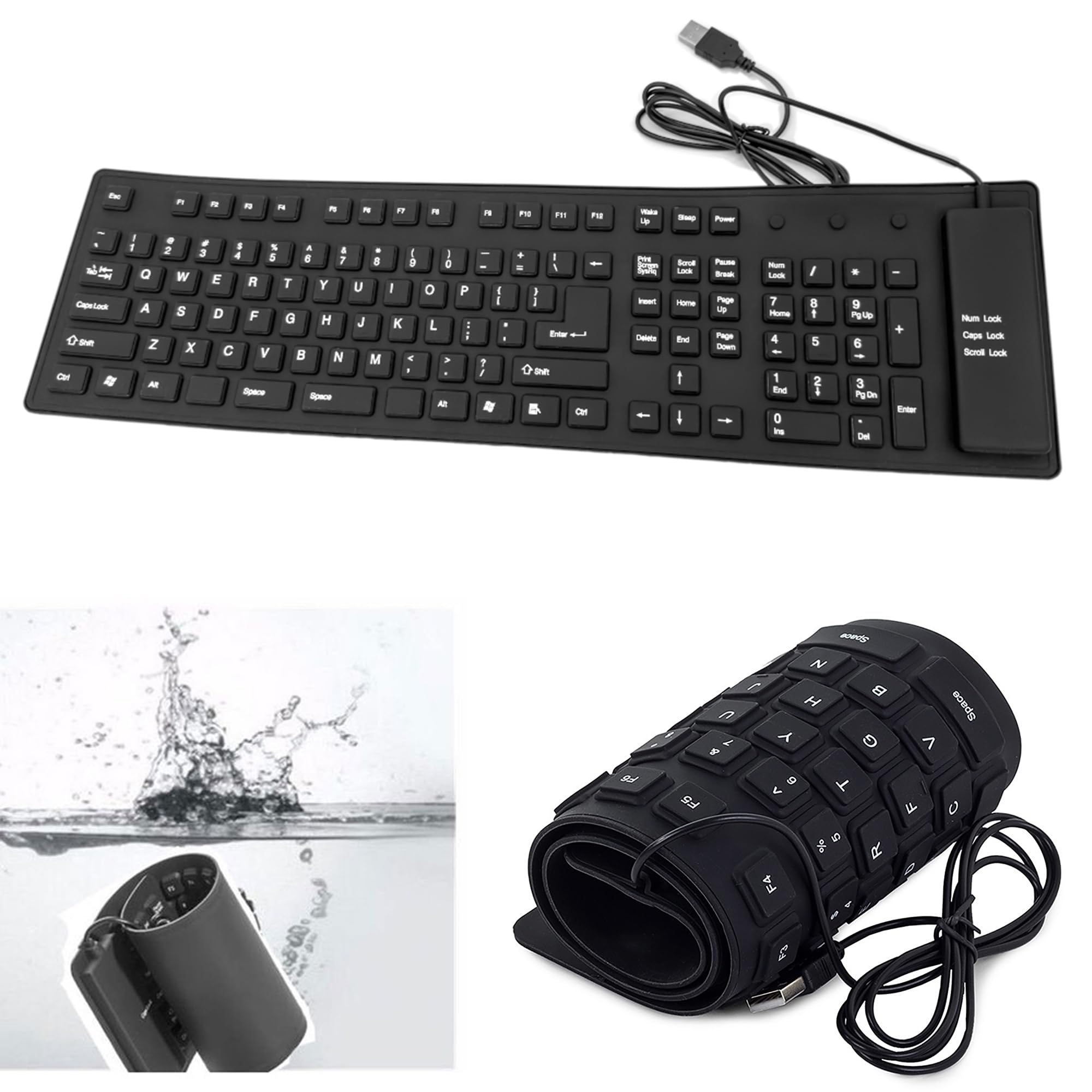 Roll-up Silicone Keyboard, Waterproof Portable Flexible Foldable Silent Keyboard with USB 2.0 for PC Notebook Laptop(Black) (109 Keys - Black)