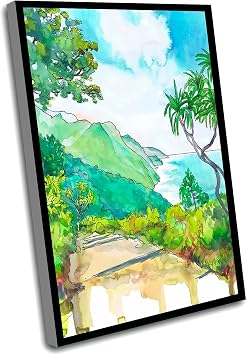 Black Bedroom Decor,Watercolor Landscape Prints,The Office Home Decor,Hawaii Wall Art Coastal,Beach Print Watercolor Painting,Seaside Kauai Trail Travel Poster,8x12 Inch Framed Wall Art