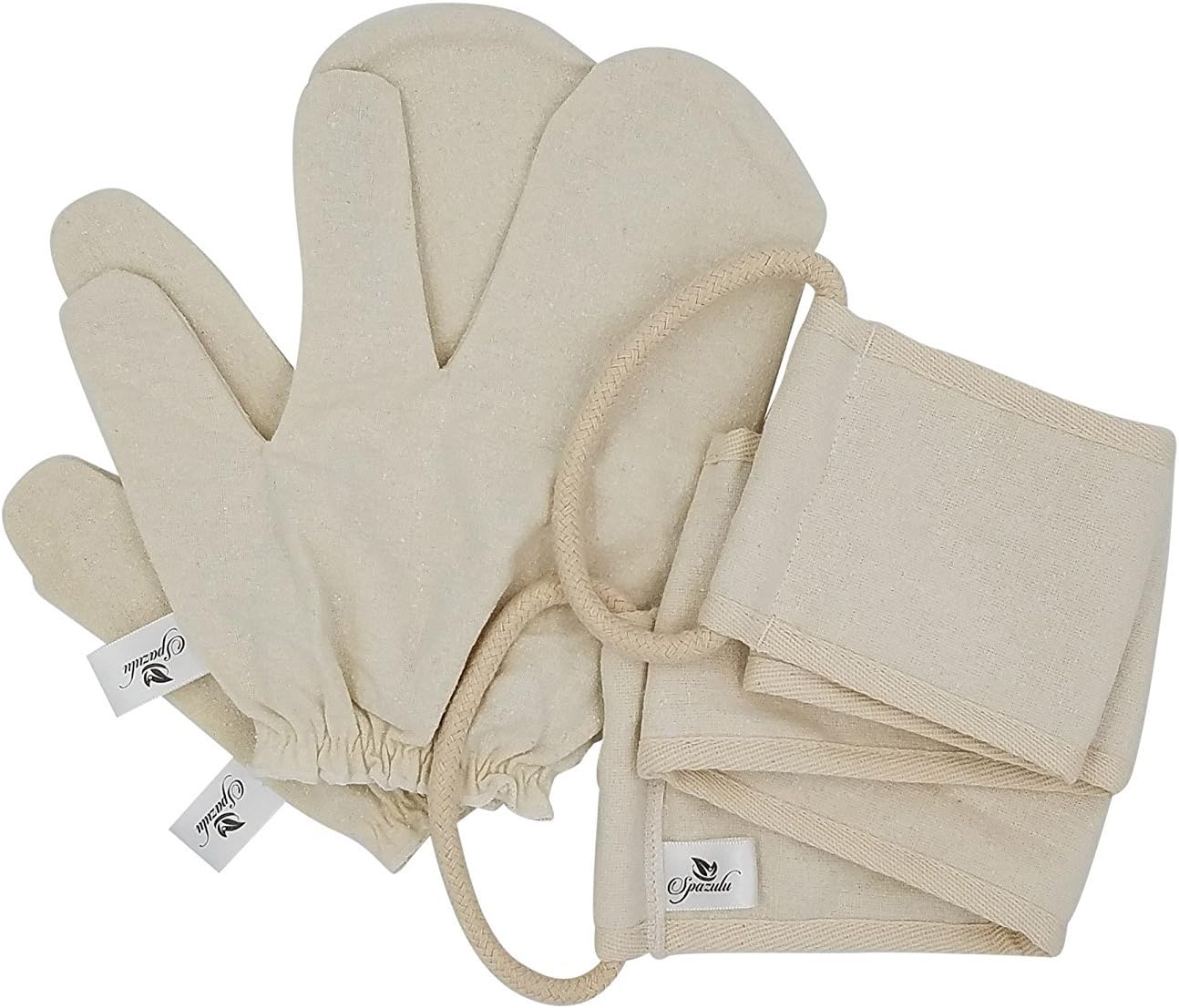 Raw Silk Massage Gloves and Back Belt for Dry Brushing and Exfoliation