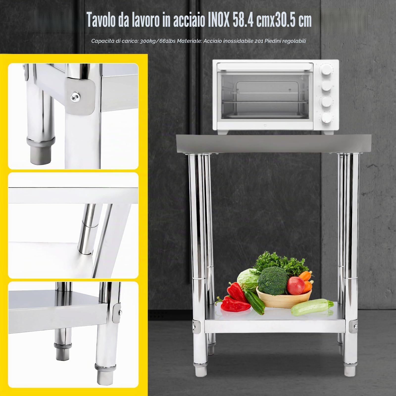 Tavolo da Lavoro in Acciaio Inox a 2 Livelli, Piano da Cucina Con Ripiano Regolabile in Altezza per Preparazione Alimenti (60 x 30 x 85)