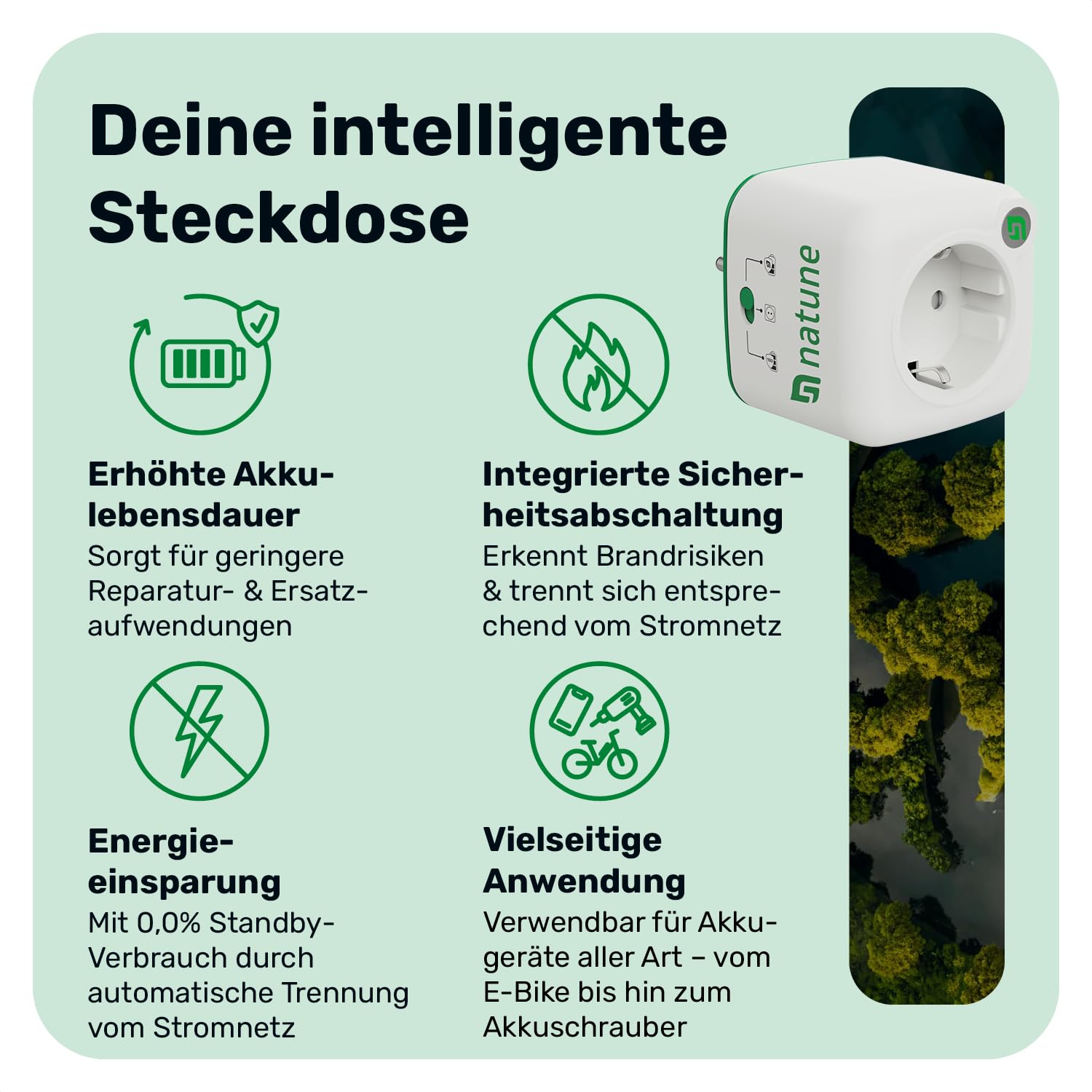 Natune Adattatore di protezione batteria Akku Life Guard | Adattatore di ricarica intelligente con arresto automatico e 3 modalità per prolungare la durata della batteria | 0,0 % consumo in standby