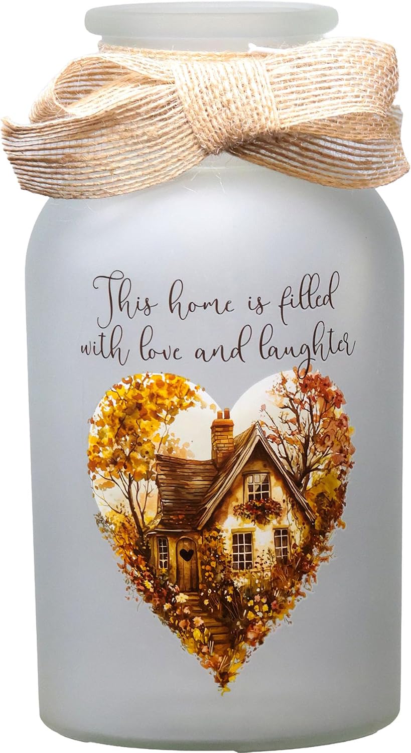 Spoontiques Home is Filled Battery Powered Glass Lantern - Decorative 7.75” LED with Warm Light, Flameless & Cordless, Indoor & Outdoor Tabletop or Hanging Lantern, 2 AA Batteries Required