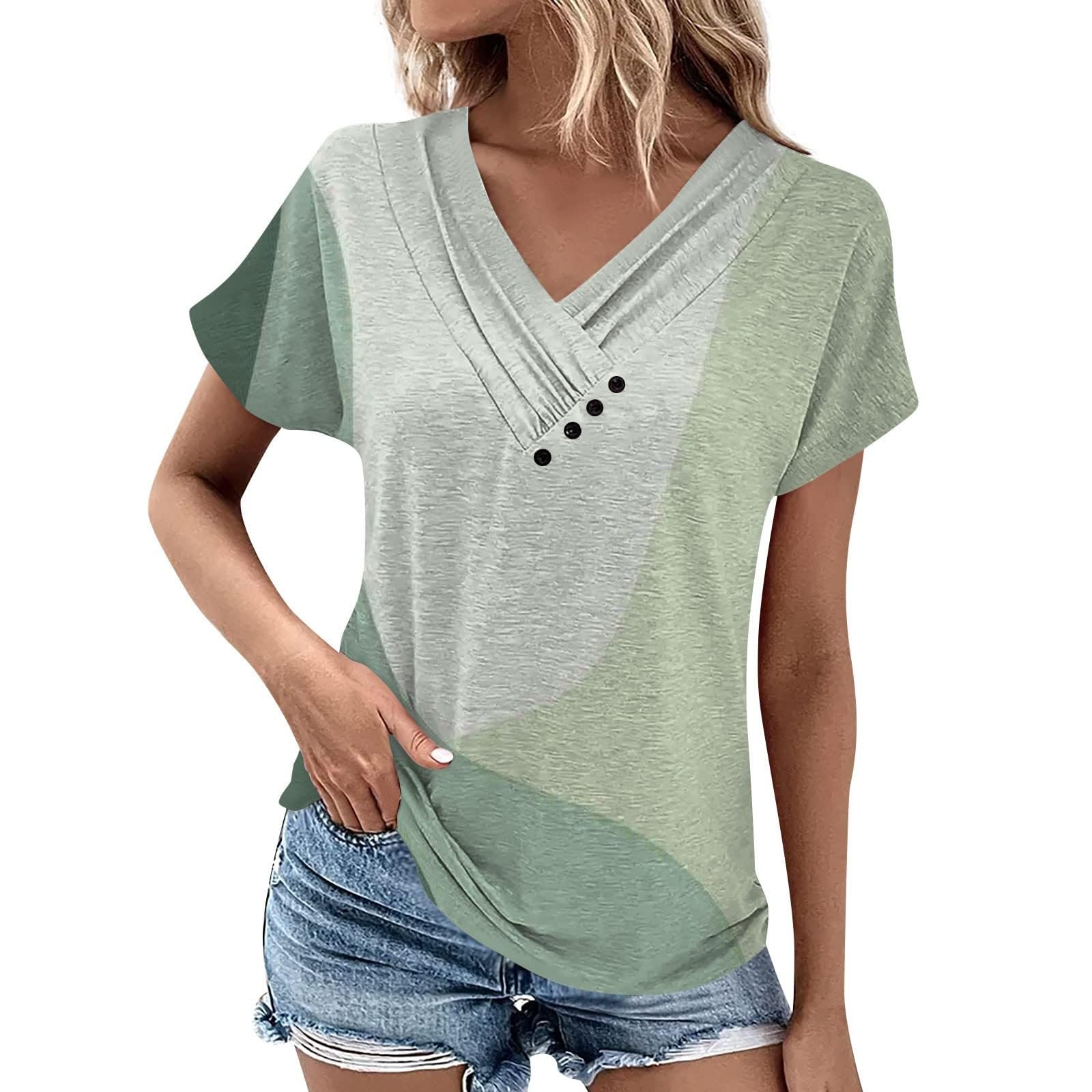 Women's V Neck Tops UK 2024 Gradient Print Short Sleeve Shirt Formal Casual Loose T Shirts Button Decorated Solid Color Tunic Top Plus Size Tunic Blouse