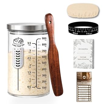 34Oz Sourdough Starter Jar Kit with Date Band, Thermometer & Wooden Spurtle Glass Sourdough Starter Container, Homemade Bread Fermentation Jar Kit