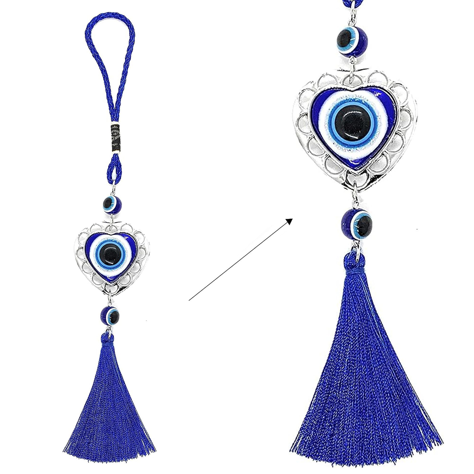LUCKBOOSTIUM Lucky Evil Eye Hanging Ornament in Heart Shape Metal w/Blue Tassel -Sign of Protection, Blessing, Strength & Power - Home/Office Decorative Accessories-Car Ornaments for Rear View Mirror