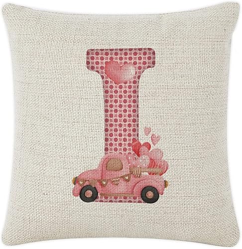 Miniatura 8 de Throw Cushion Cover Case Red Pink Polka Dots Love Hearts Truck Initial Letter Monogram K Decorative Pillow Cover Cotton Linen Square Lumbar Pillow