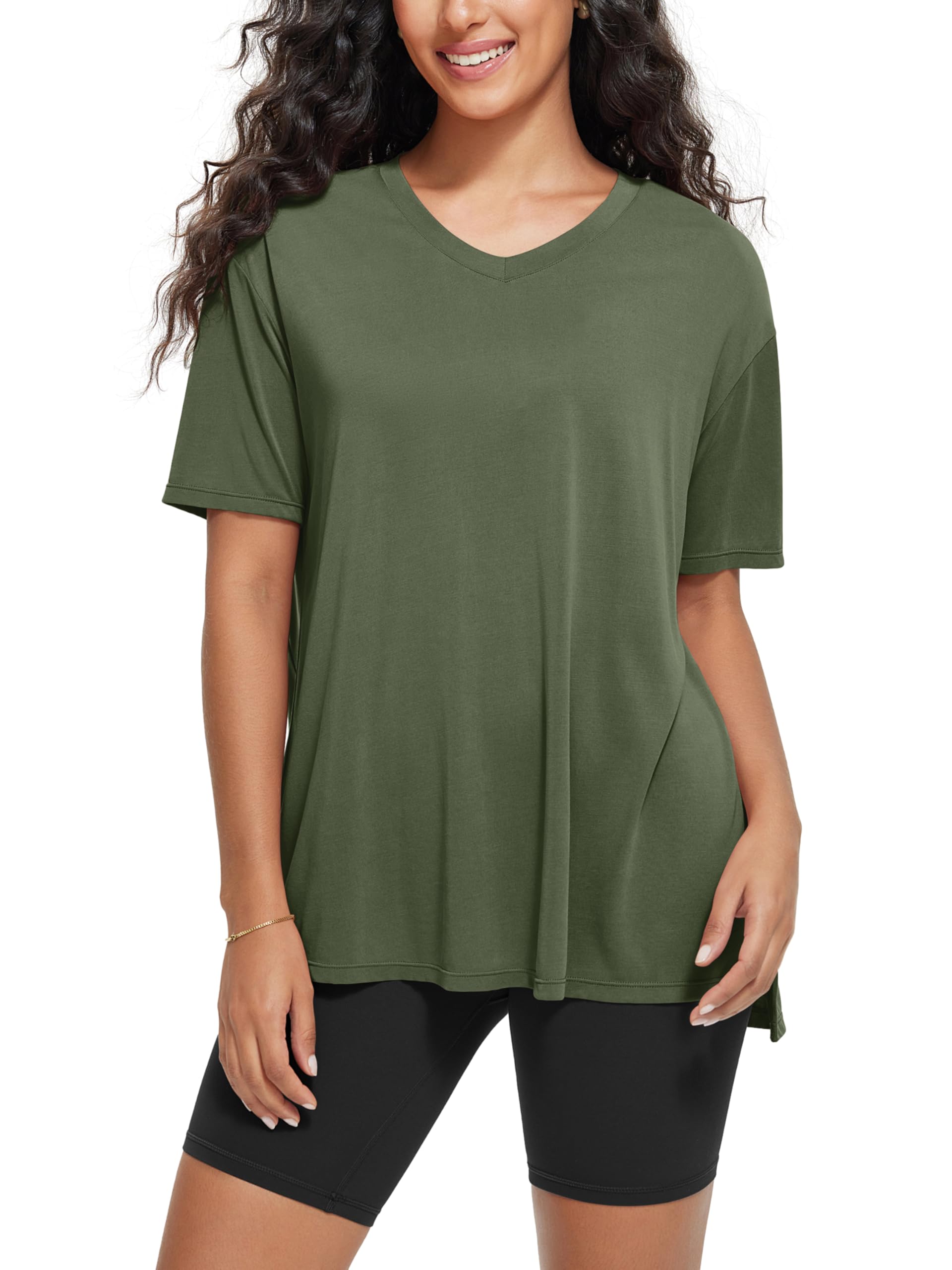 ODODOS Women's Split Hem Oversize Short Sleeve Shirts, Modal Soft V Neck Tee Casual Lounge Yoga Tops