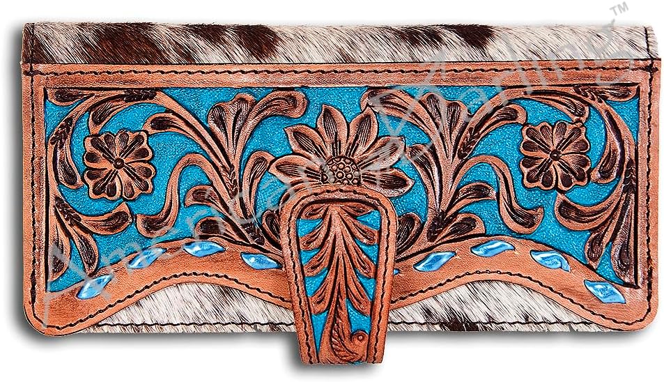American Darling Western Wallet Bag Hand Tooled Floral Carved Hair-On Cowhide Genuine Vegetable Tanned Leather Travel Clutch
