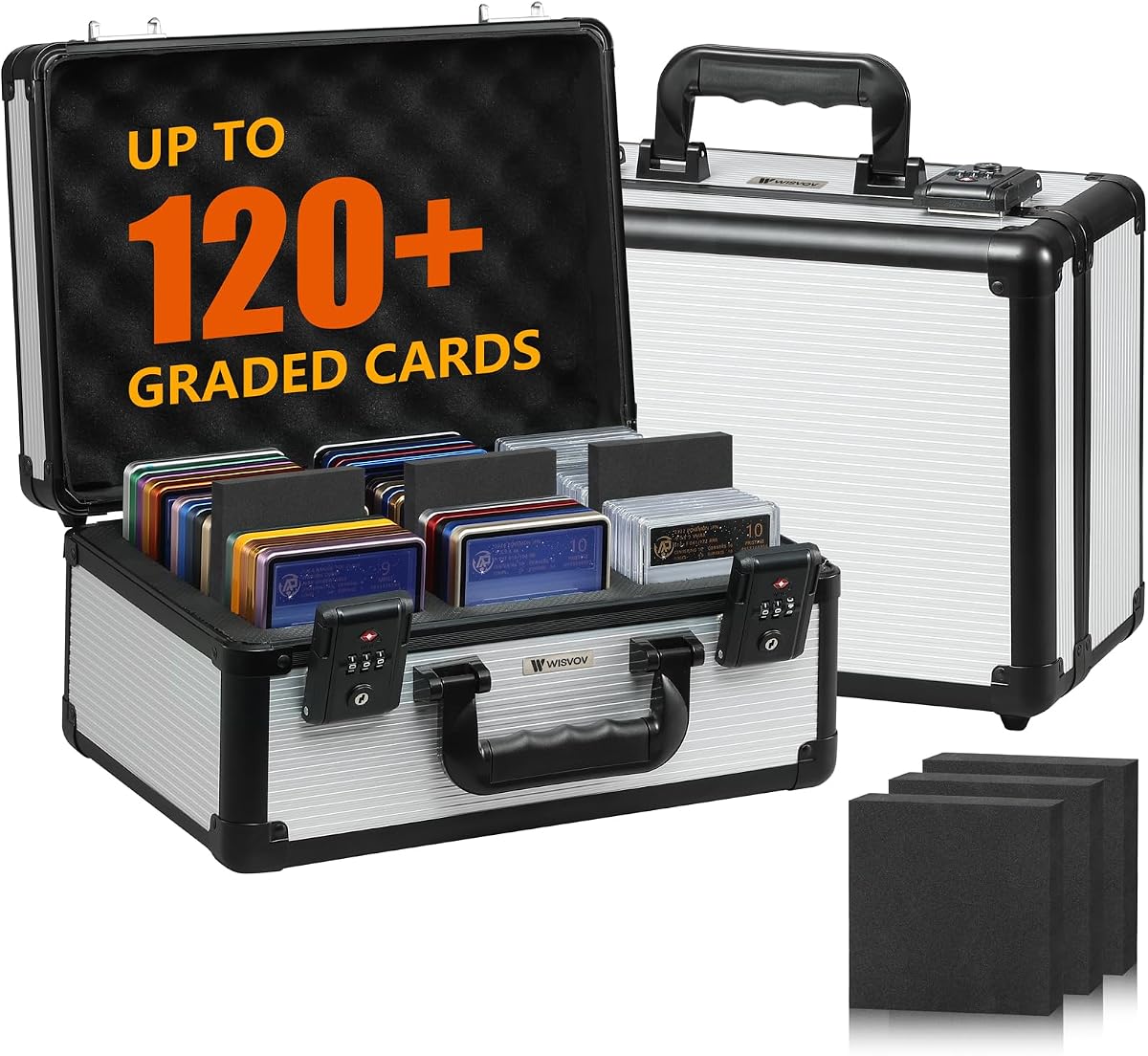 120+ 3 ROW Graded Card Storage Box - TSA Combination Lock Trading Card Box with 6 Foam Dividers Waterproof Slab Case Fits for PSA/BGS/CSG/FGS Cards | Gift for Sports, TCG, MTG Card Collectors Silver
