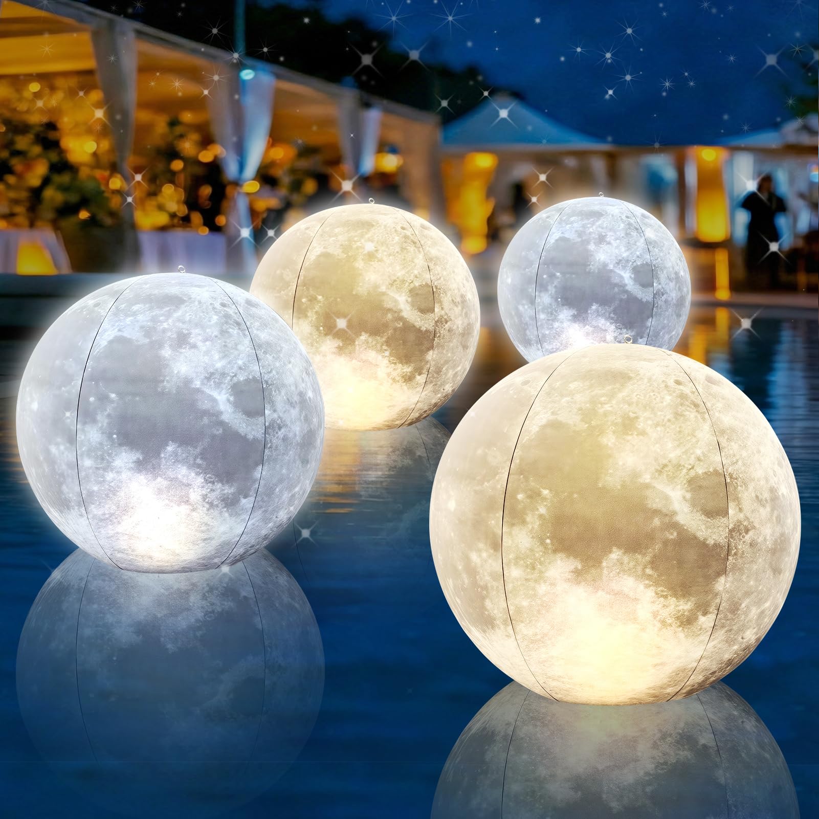 Photo 1 of Cootway Full Moon Floating Pool Lights Solar Powered - 15" Inflatable Waterproof Solar Pool Lights that Float, Cool White & Warm White Light Up Pools Balls, Float or Hang in Pond Garden Party Decor(4)