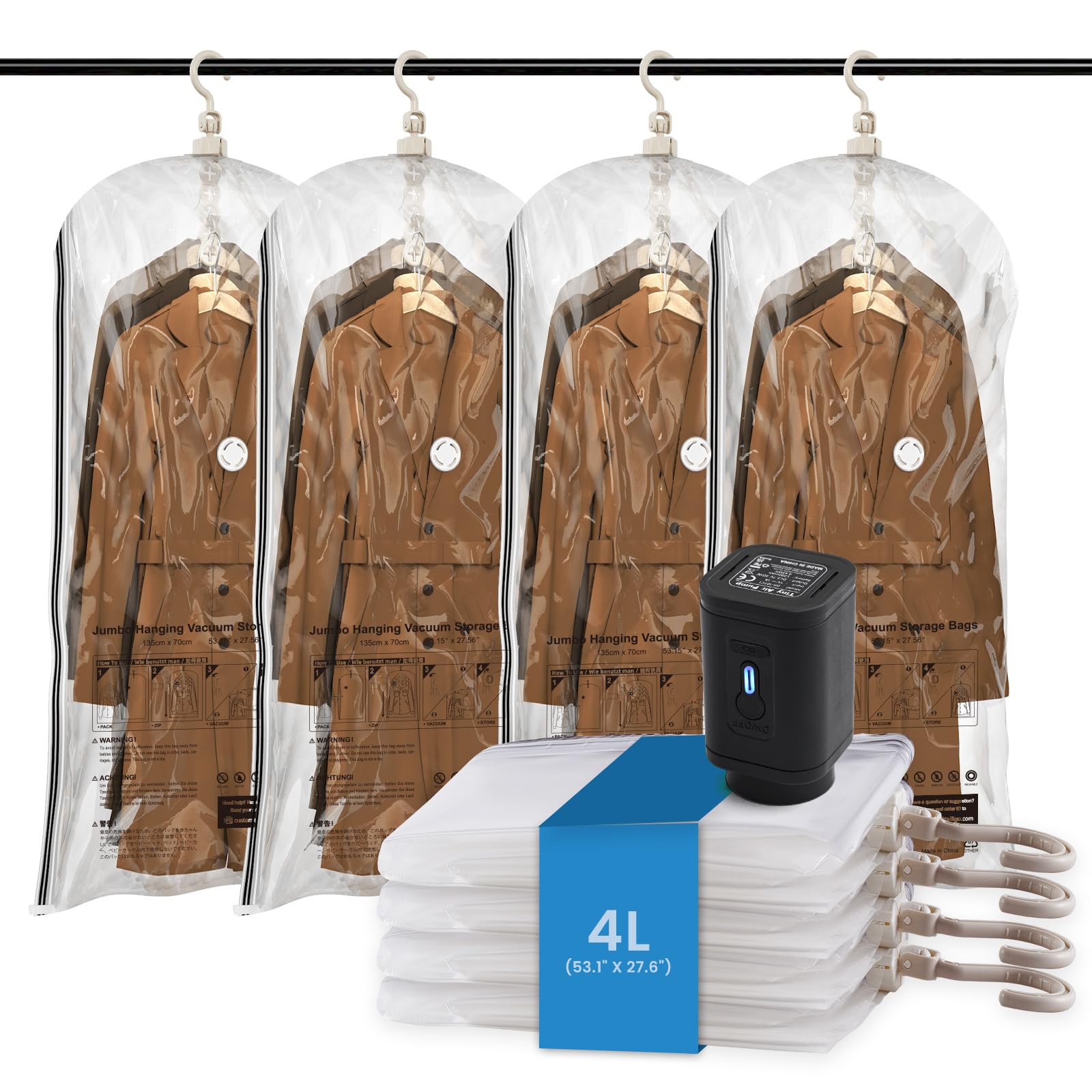 TAILI Bolsas colgantes de almacenamiento al vacío con bomba de aire eléctrica, bolsas de sellado al vacío para ropa, viajes, perchas de ahorro de espacio para ropa, abrigos, trajes y chaquetas, juego
