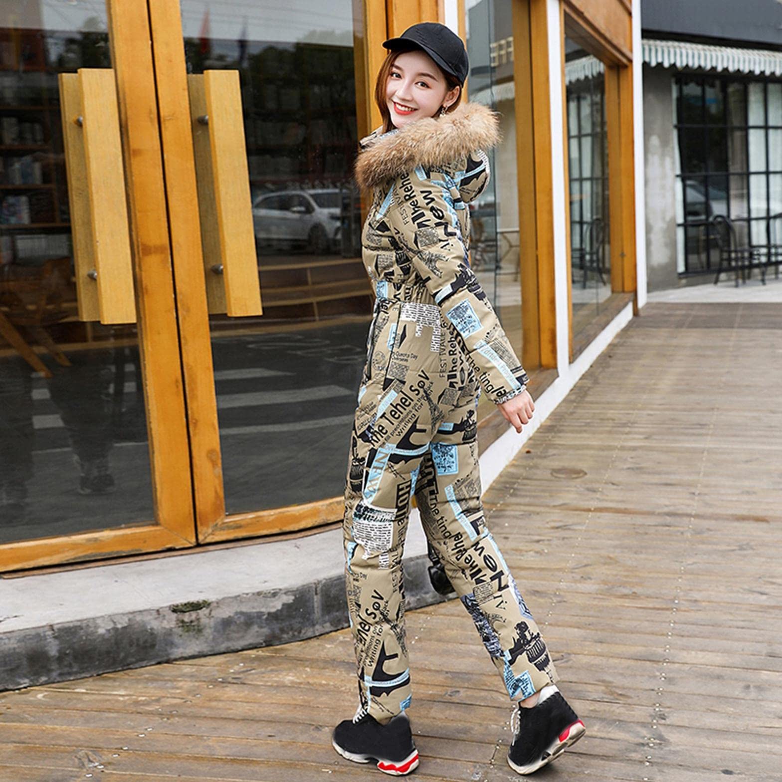 Traje de esquí de una pieza para mujer, mono de esquí largo con capucha y cremallera con capucha y capucha, cálido para invierno, para deportes al aire libre, traje de esquí o snowboard, mono, Café