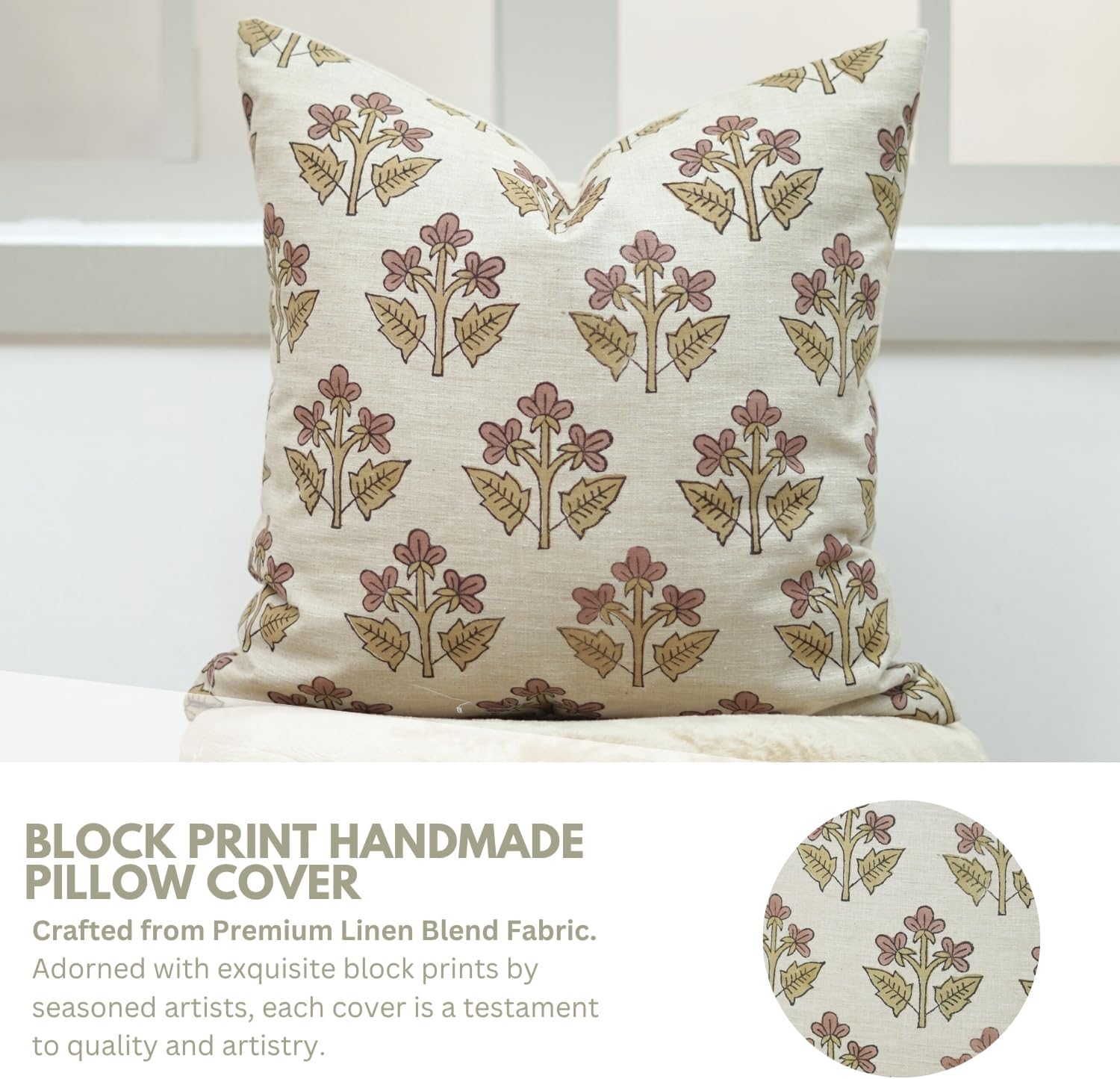 Floral Vintage Throw Wine Pillow Cover 20X20 Inches Block Print Farmhouse Decorative Cushioncase Accent Home Décor for Sofa Couch Living or Bedroom, Linen Square, Gift Summer, Chahat
